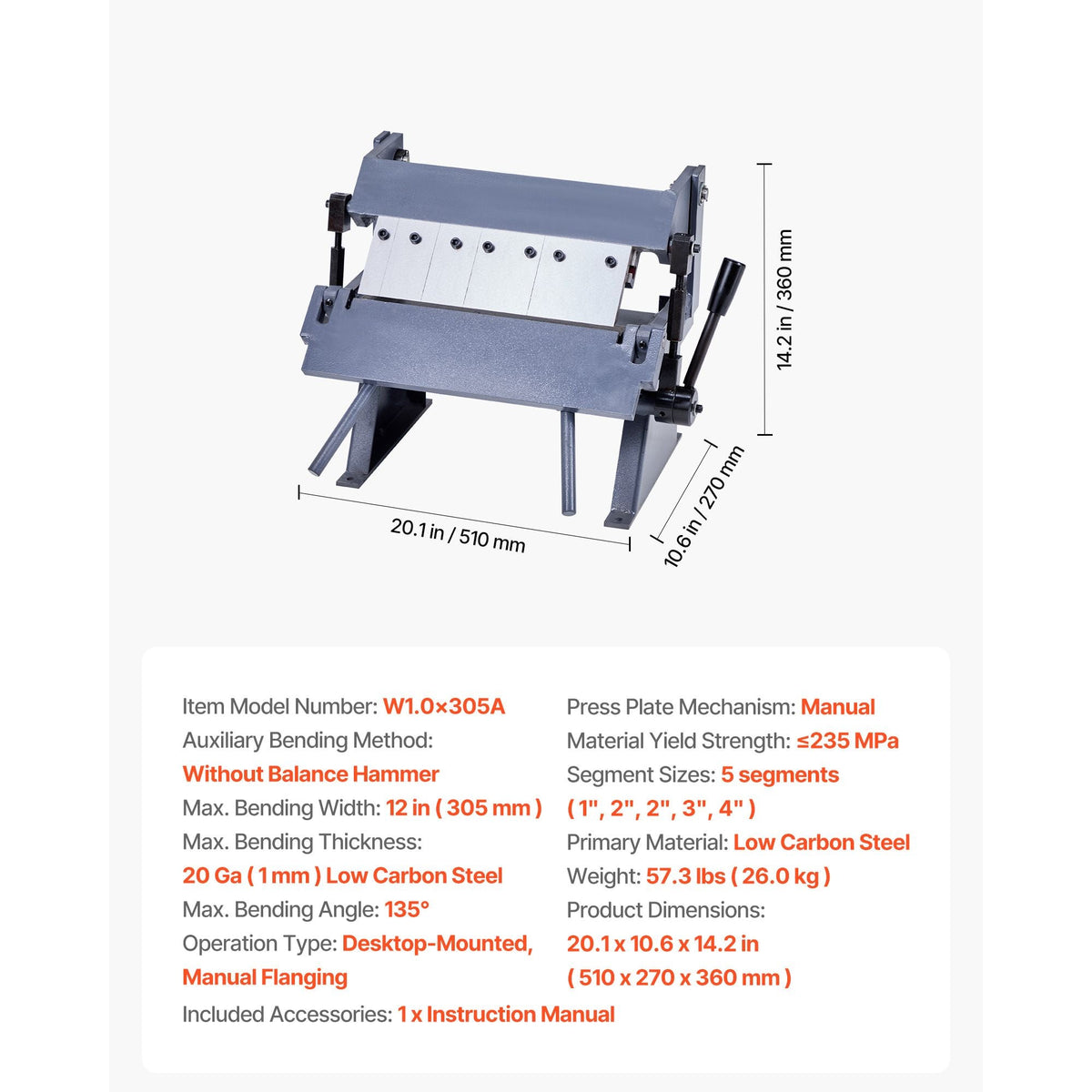 Box and Pan Brake, 12 in Sheet Metal Bending Brake, 20-Gauge Mild Steel Capacity, 0-135 Degree Adjustable, Metal Bender Machine with 5 Fingers, Heavy-Duty Aluminum Folder for Precise Bending
