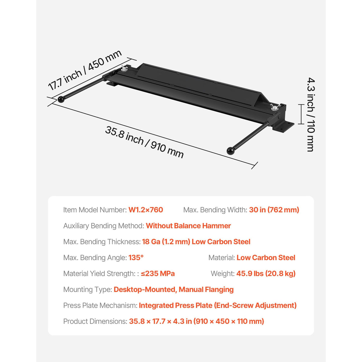Box and Pan Brake, 30 in Sheet Metal Bending Brake, 18-Gauge Capacity, 0-135 Degree Adjustable, Metal Bender Machine, No Wobbling, Heavy-Duty Aluminum Folder for Precise Batch Bending