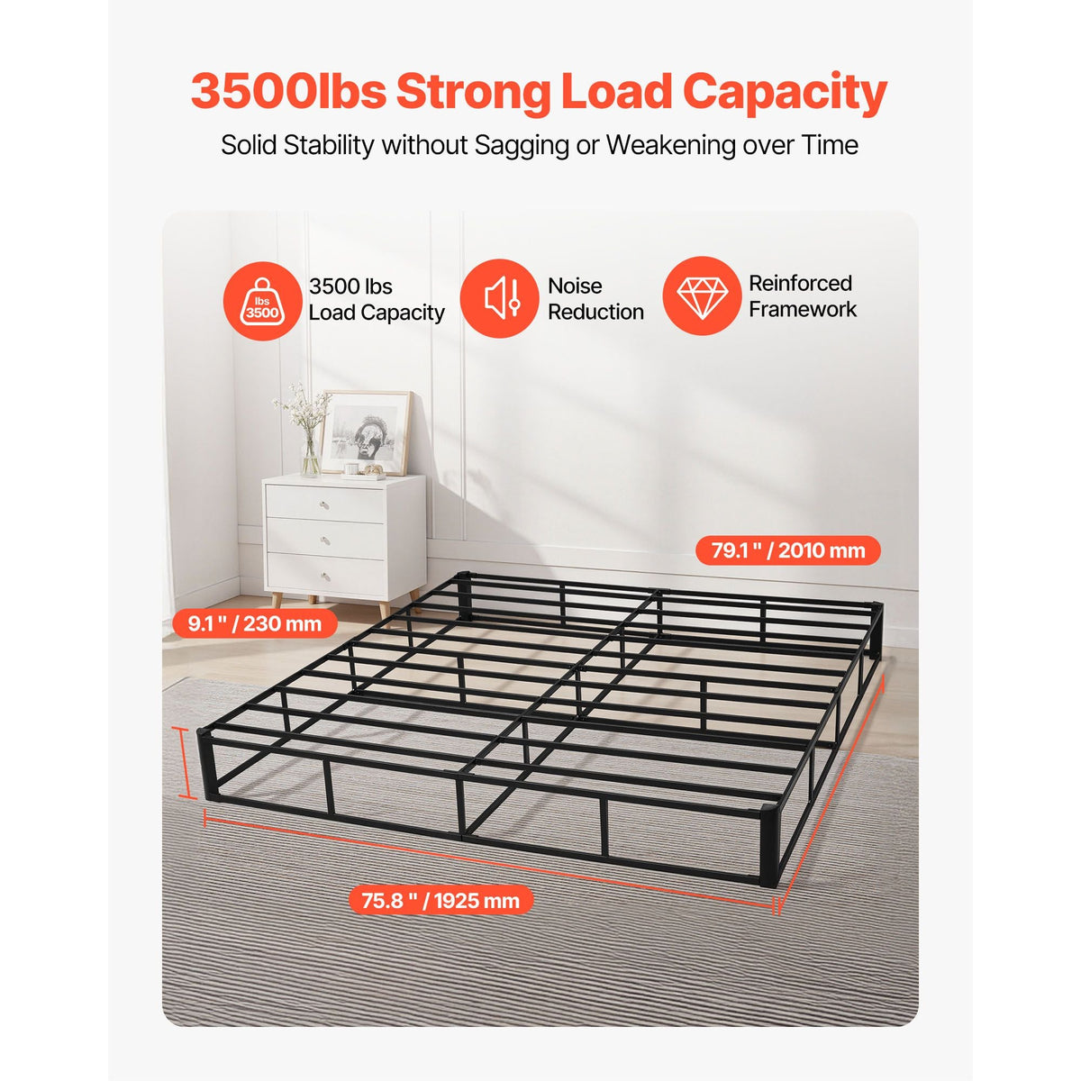 Box Spring, King Size Bed Frame with Washable Fabric Cloth, Heavy Duty Metal Frame for King Bed, 9 in Mattress Foundation, 3500 lbs Max Weight Capacity, Easy Assembly, 79.1 L x 75.8 W x 9.1 H in