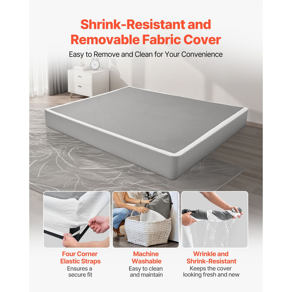 Box Spring, King Size Bed Frame with Washable Fabric Cloth, Heavy Duty Metal Frame for King Bed, 9 in Mattress Foundation, 3500 lbs Max Weight Capacity, Easy Assembly, 79.1 L x 75.8 W x 9.1 H in