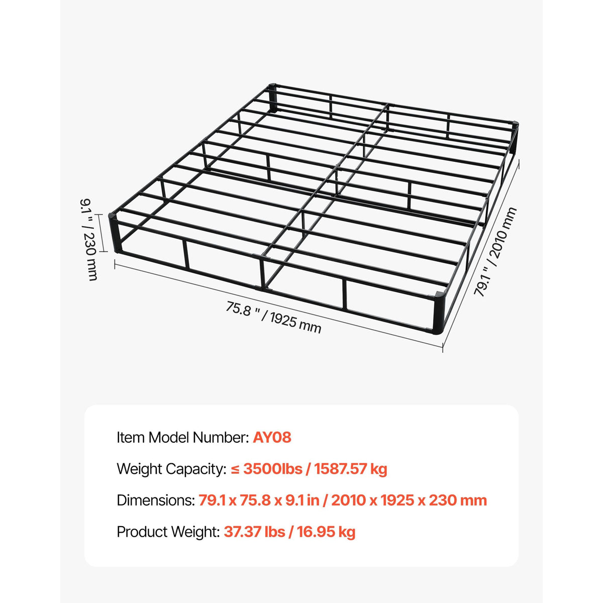 Box Spring, King Size Bed Frame with Washable Fabric Cloth, Heavy Duty Metal Frame for King Bed, 9.1 in Mattress Foundation, 3500 lbs Max Weight Capacity, Easy Assembly, 79.1 x 75.8 x 9.1 in