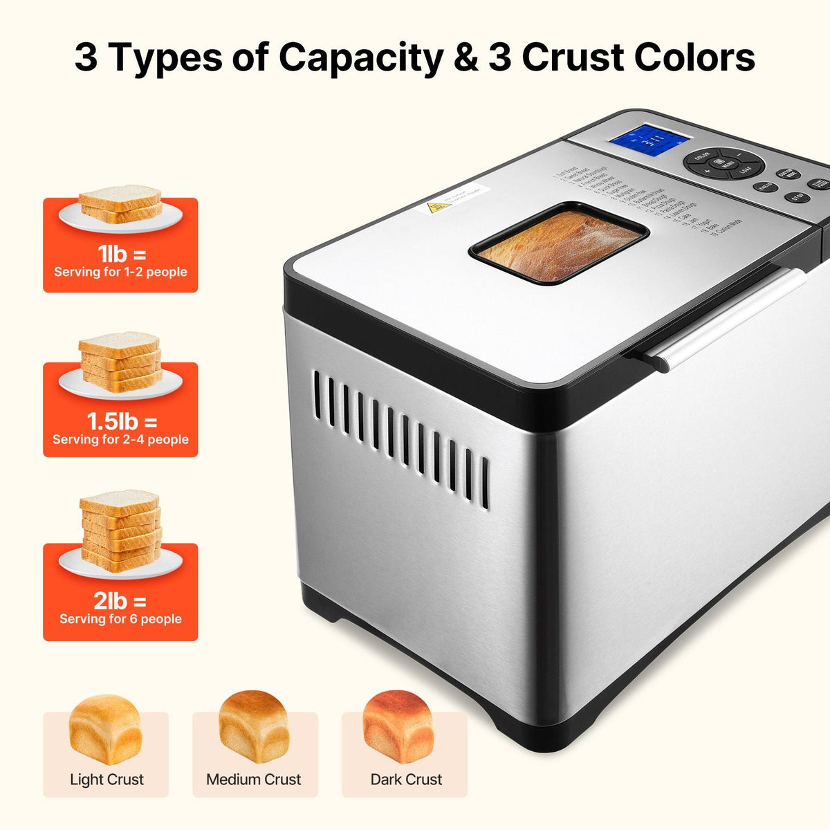 Bread Maker, 19-in-1 2LB Dough Machine, Nonstick Ceramic Pan Automatic Breadmaker with Gluten Free Setting, Whole Wheat Bread Making, Digital, Programmable, 3 Loaf Sizes, 3 Crust Colors