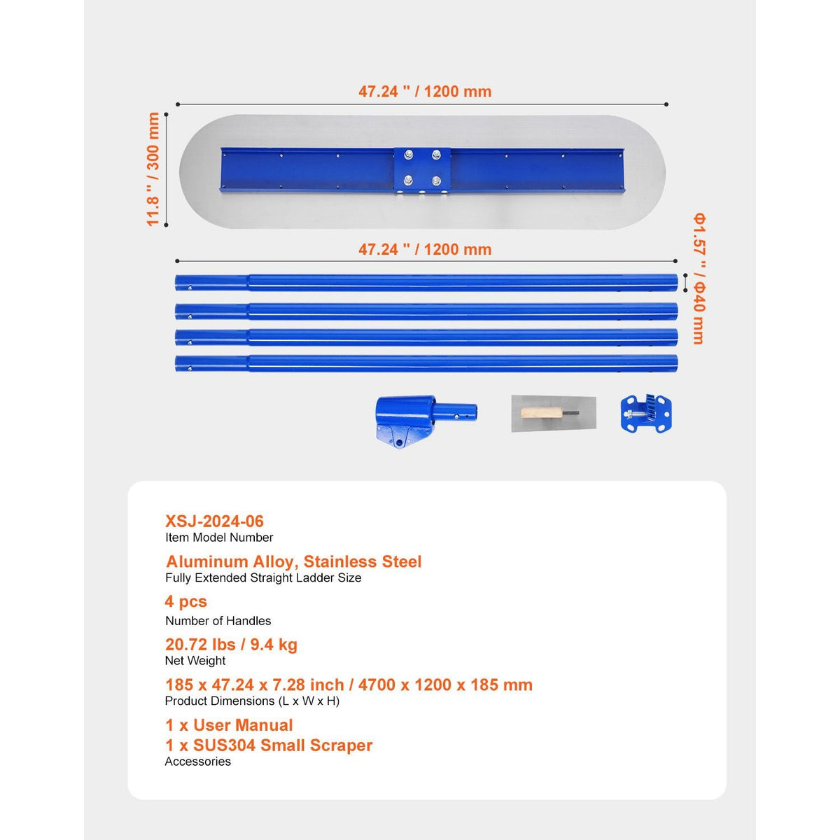 Bull Float Magnesium Concrete Float, 47.24 x 7.28 Inch Round End Concrete Float Tool with 4 Aluminum Alloy Replaceable Handles, Cement Finishing Float for Various Industrial Applications
