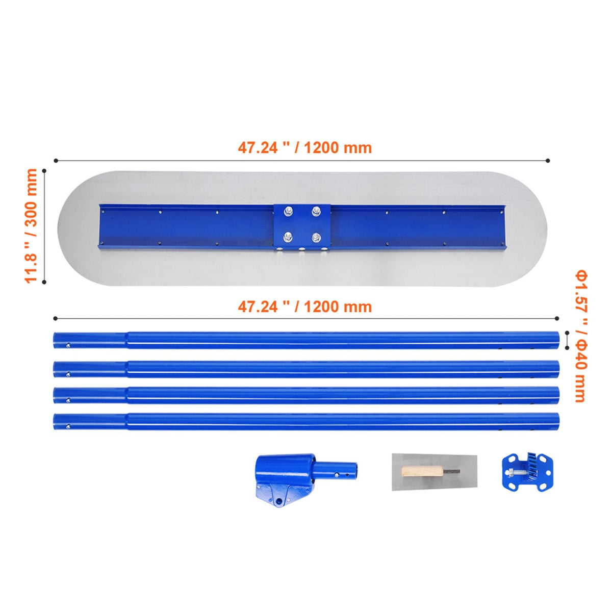 Bull Float Magnesium Concrete Float, 47.24 x 7.28 Inch Round End Concrete Float Tool with 4 Aluminum Alloy Replaceable Handles, Cement Finishing Float for Various Industrial Applications
