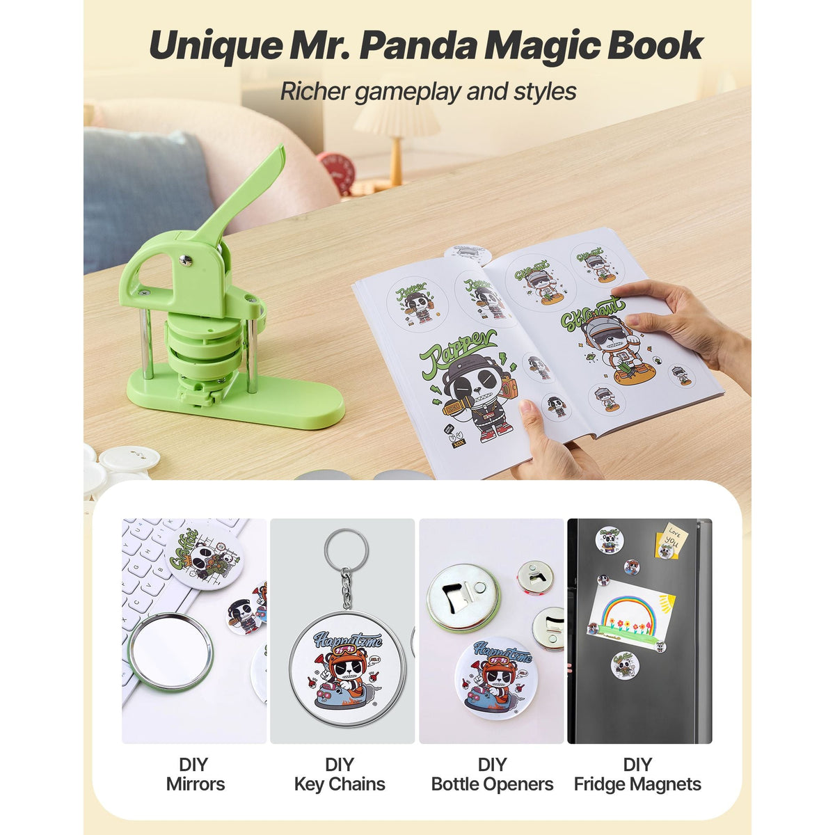 Button Maker Machine, 1.26/2.28 inch 2-in-1, Plastic Pin Maker with 200 pcs Button Parts, Circle Cutter and Magic Book, Reinforced Ergonomic Handle, for DIY Badges, Personalized Pins, Green