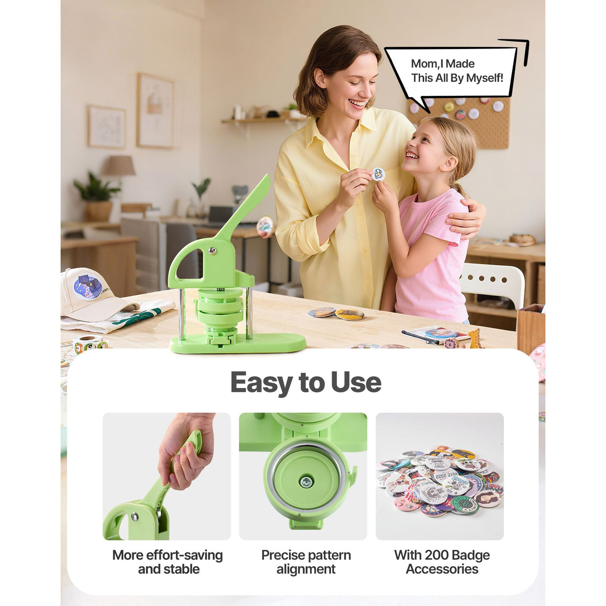 Button Maker Machine, 1.26/2.28 inch 2-in-1, Plastic Pin Maker with 200 pcs Button Parts, Circle Cutter and Magic Book, Reinforced Ergonomic Handle, for DIY Badges, Personalized Pins, Green