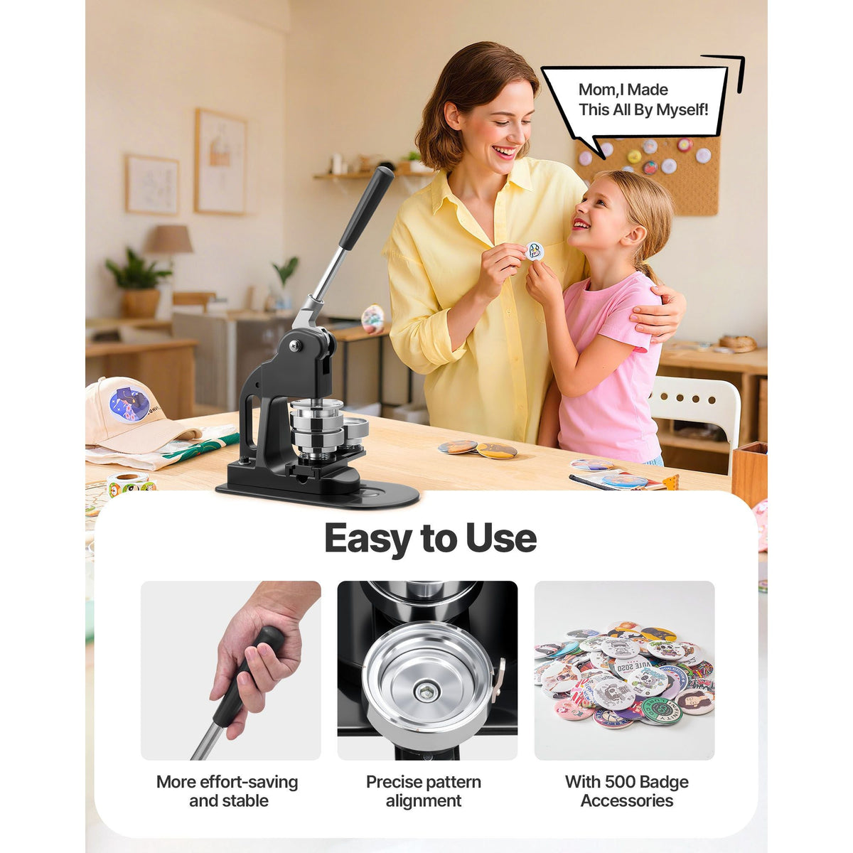 Button Maker Machine, 2.25 in, Pin Maker Machine with 500pcs Button Parts, Circle Cutter, Hex Wrenches and Magic Book, Ergonomic Handle, for DIY Badges, Personalized Pins and Key Chains, Black