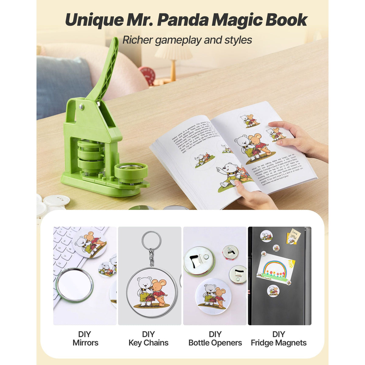 Button Maker Machine, 2.28 in, Plastic Pin Maker with 100pcs Button Parts, Mr. Panda Magic Book, Circle Cutter and Hex Wrenches, Reinforced Ergonomic Handle, for DIY Badges, Personalized Pins