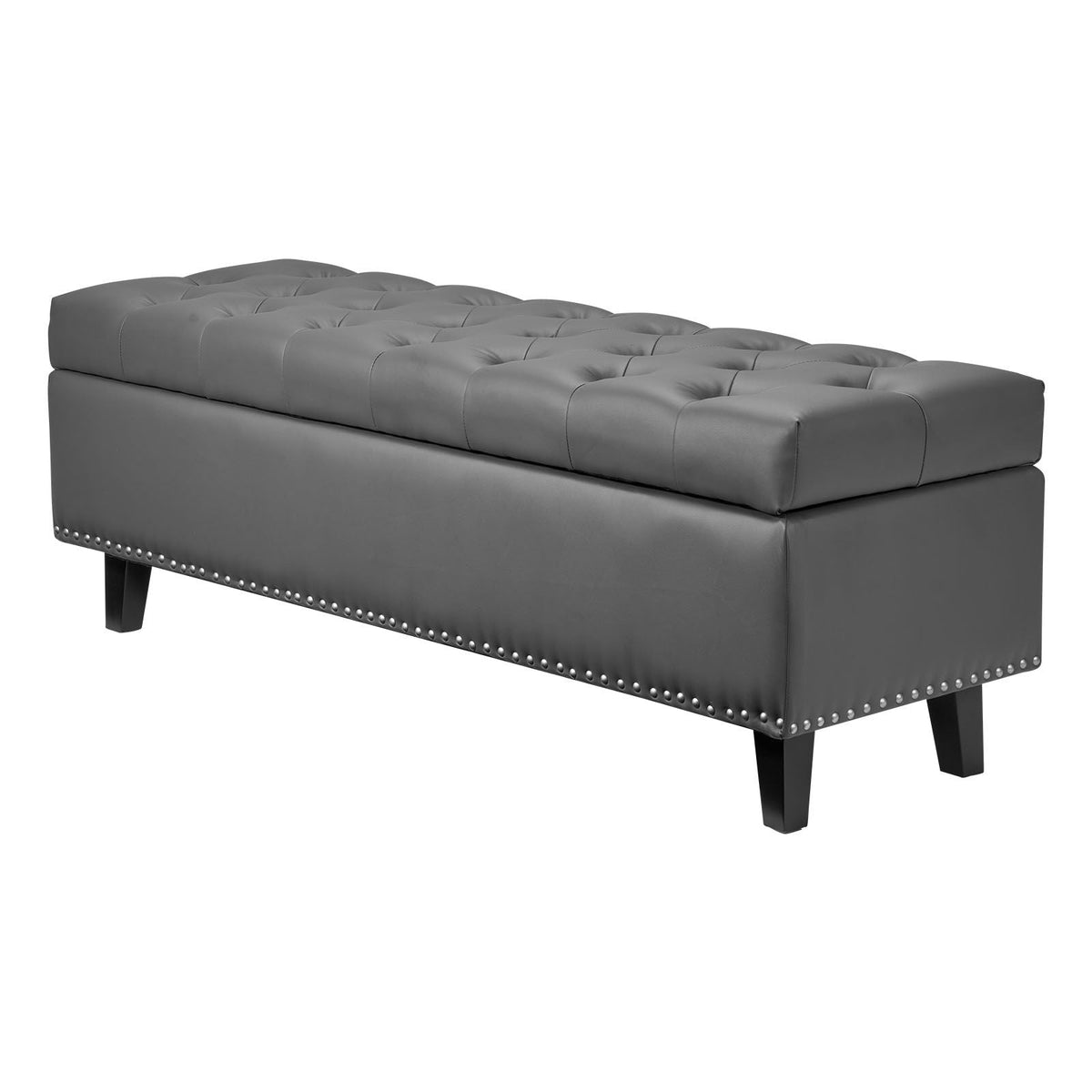 Button-Tufted Storage Ottoman Bench, PU Leather Bench with Storage and Solid Wood Legs, Modern Shoe Benches Seat for Entryway, Upholstered End of Bed Benches for Living Room, Dining Room, Gray