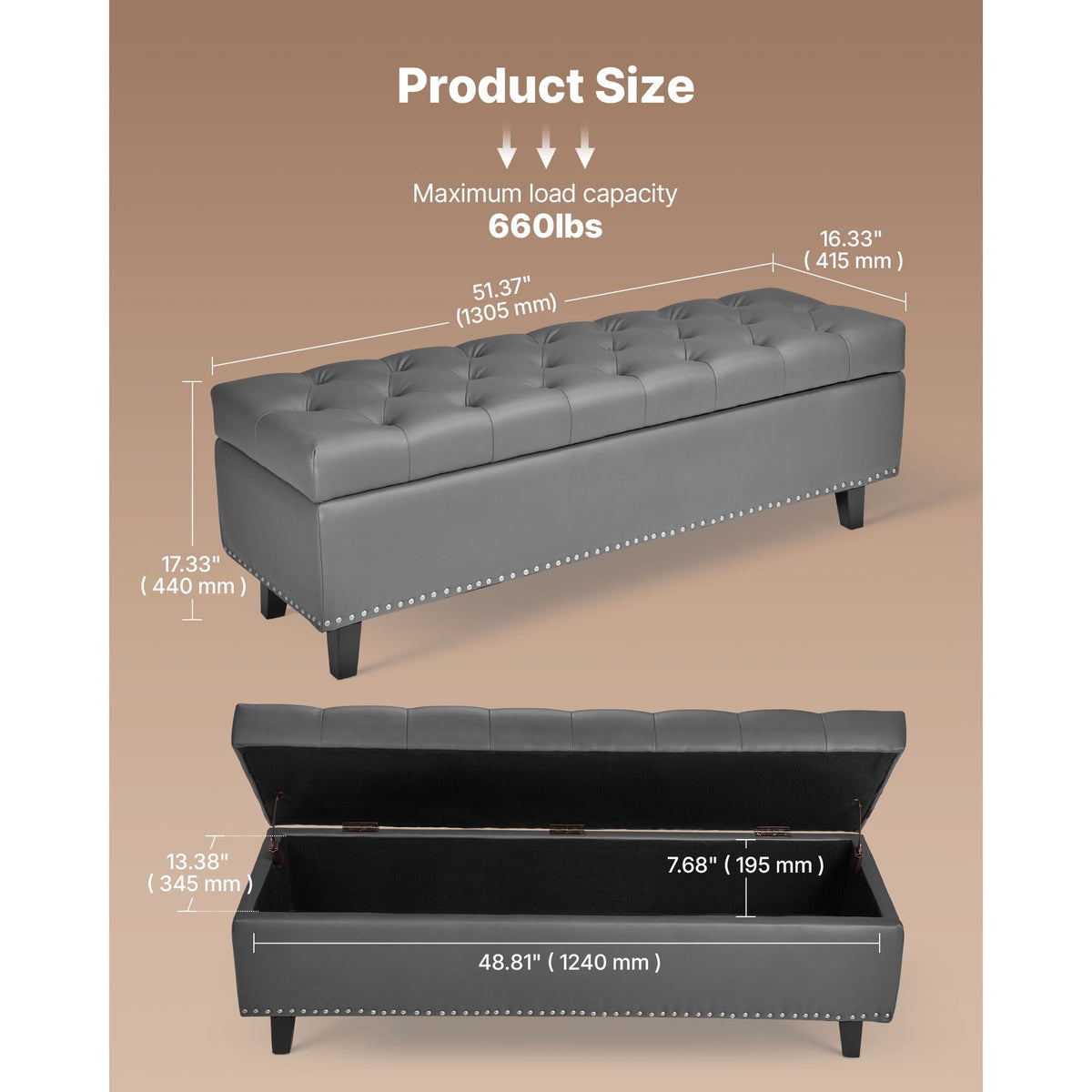 Button-Tufted Storage Ottoman Bench, PU Leather Bench with Storage and Solid Wood Legs, Modern Shoe Benches Seat for Entryway, Upholstered End of Bed Benches for Living Room, Dining Room, Gray
