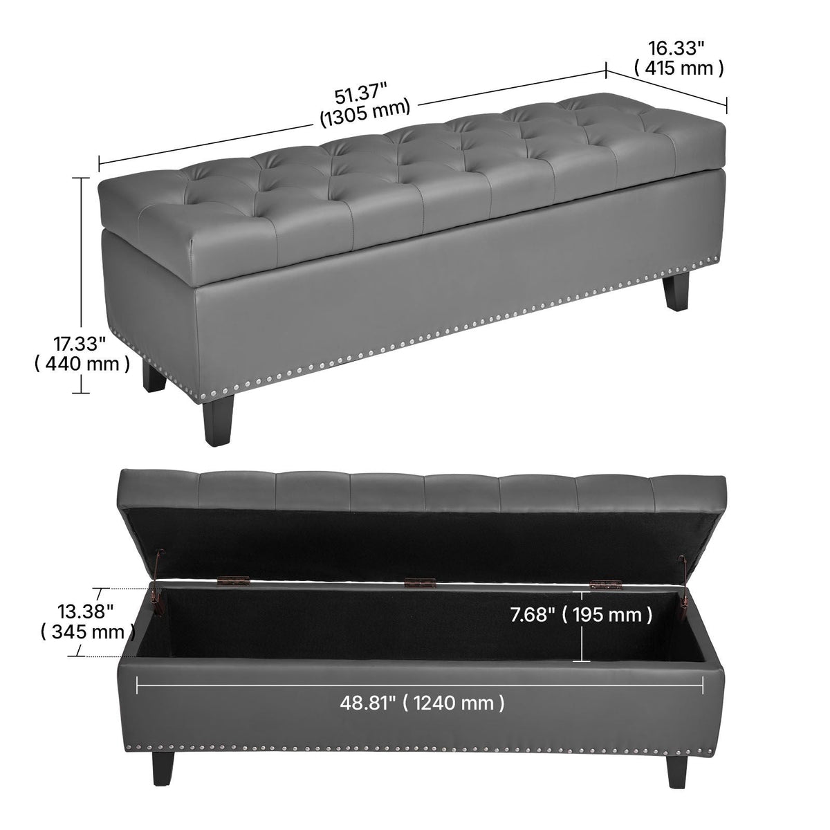 Button-Tufted Storage Ottoman Bench, PU Leather Bench with Storage and Solid Wood Legs, Modern Shoe Benches Seat for Entryway, Upholstered End of Bed Benches for Living Room, Dining Room, Gray