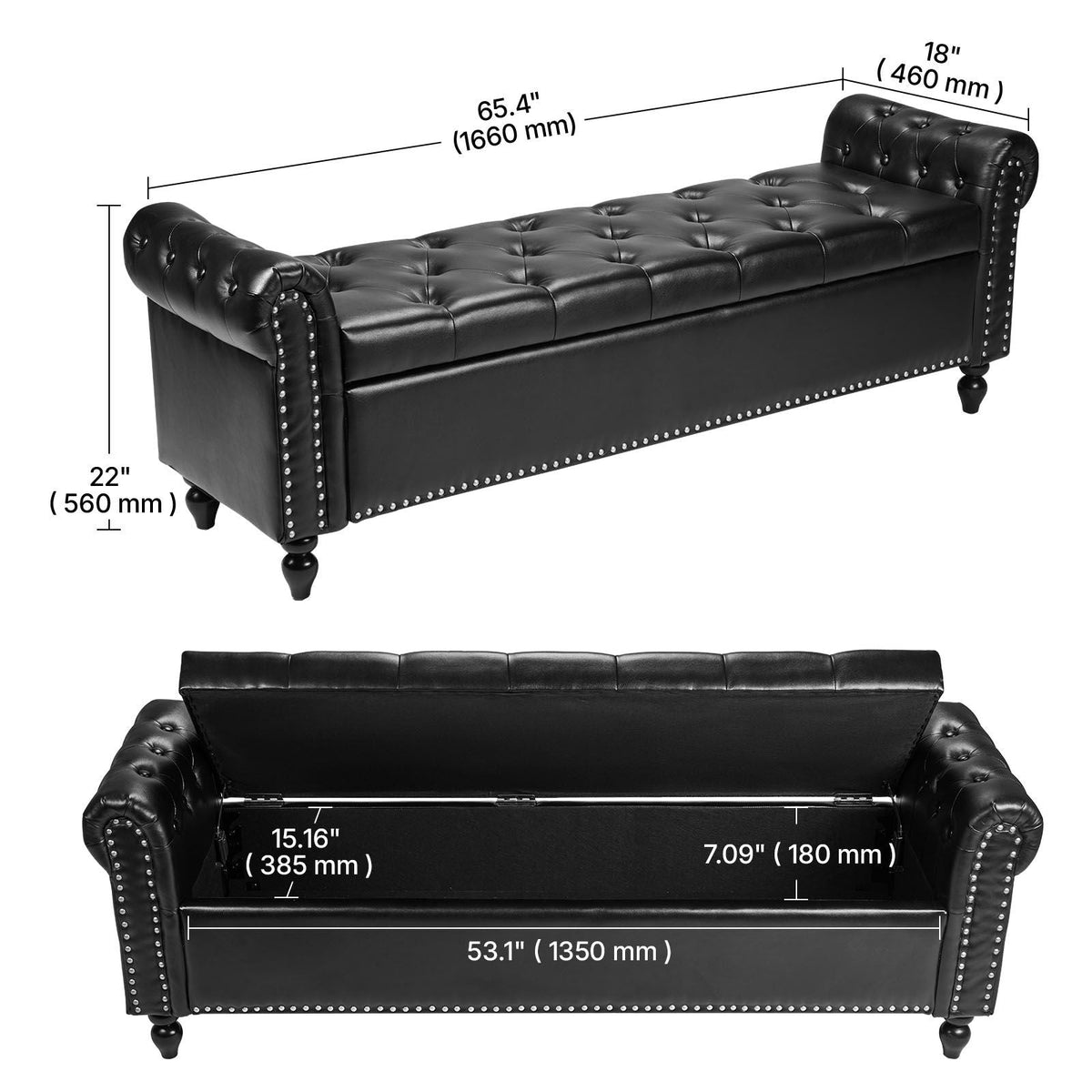 Button-Tufted Storage Ottoman Bench, Rolled Arm PU Leather Bench with Solid Wood Legs, Modern Shoe Benches Seat for Entryway, Upholstered End of Bed Benches for Living Room, Dining Room, Black