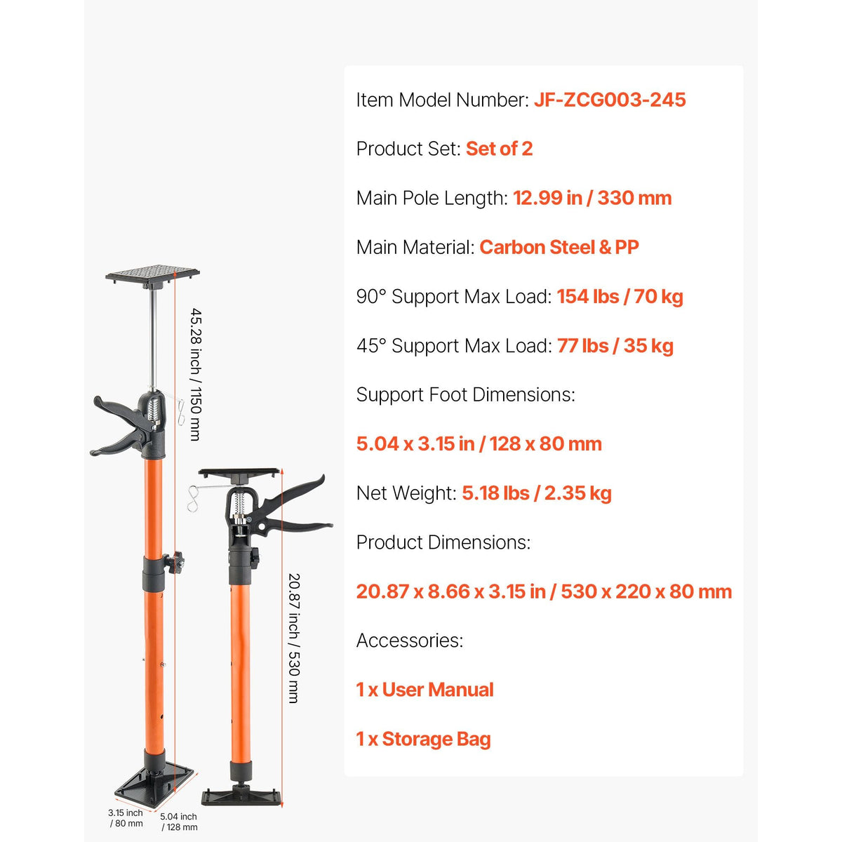 Cabinet Jack Support Pole, 2-Pack, 21.3-60 Inch Steel Telescopic Quick Support Rod, Adjustable 3rd Hand System up to 154 lbs Capacity for Installing Cabinets, Lifting Drywall, Cargo Bars