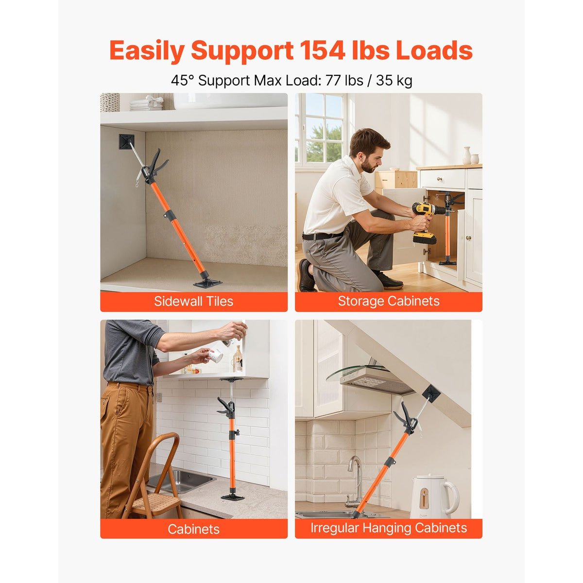 Cabinet Jack Support Pole, 2-Pack, 21.3-60 Inch Steel Telescopic Quick Support Rod, Adjustable 3rd Hand System up to 154 lbs Capacity for Installing Cabinets, Lifting Drywall, Cargo Bars