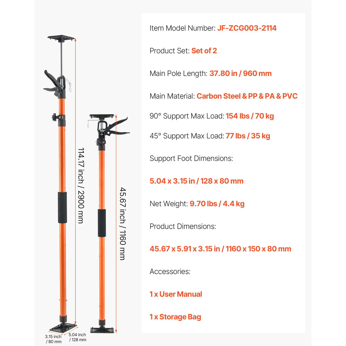 Cabinet Jack Support Pole, 2-Pack, 45.7-114.2 Inch Steel Telescopic Quick Support Rod, Adjustable 3rd Hand System up to 154 lbs Capacity for Installing Cabinets, Lifting Drywall, Cargo Bars