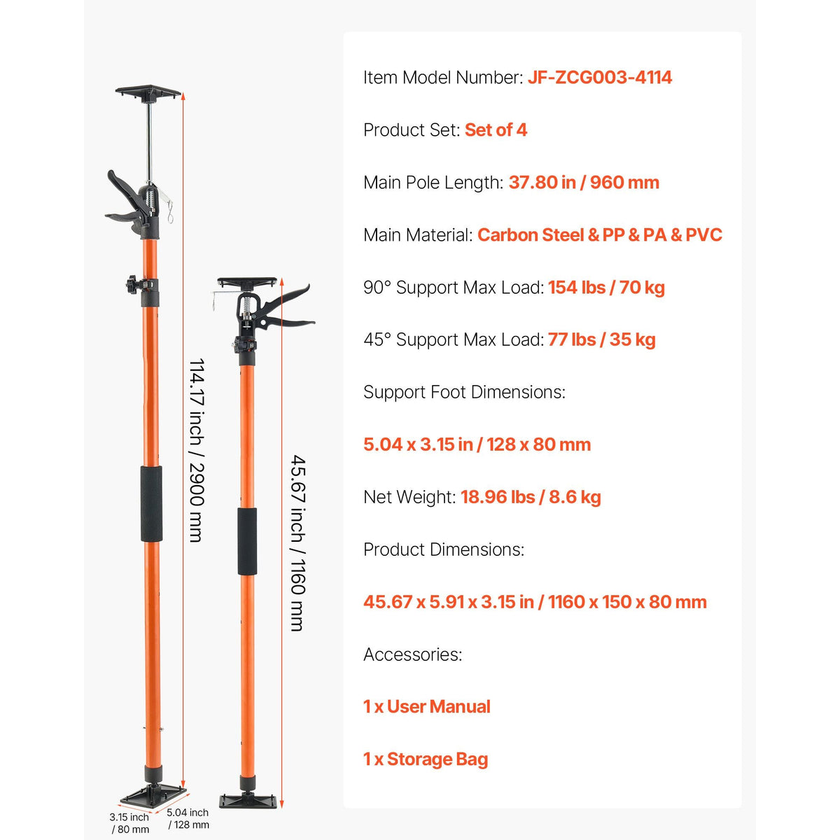 Cabinet Jack Support Pole, 4-Pack, 45.7-114.2 Inch Steel Telescopic Quick Support Rod, Adjustable 3rd Hand System up to 154 lbs Capacity for Installing Cabinets, Lifting Drywall, Cargo Bars