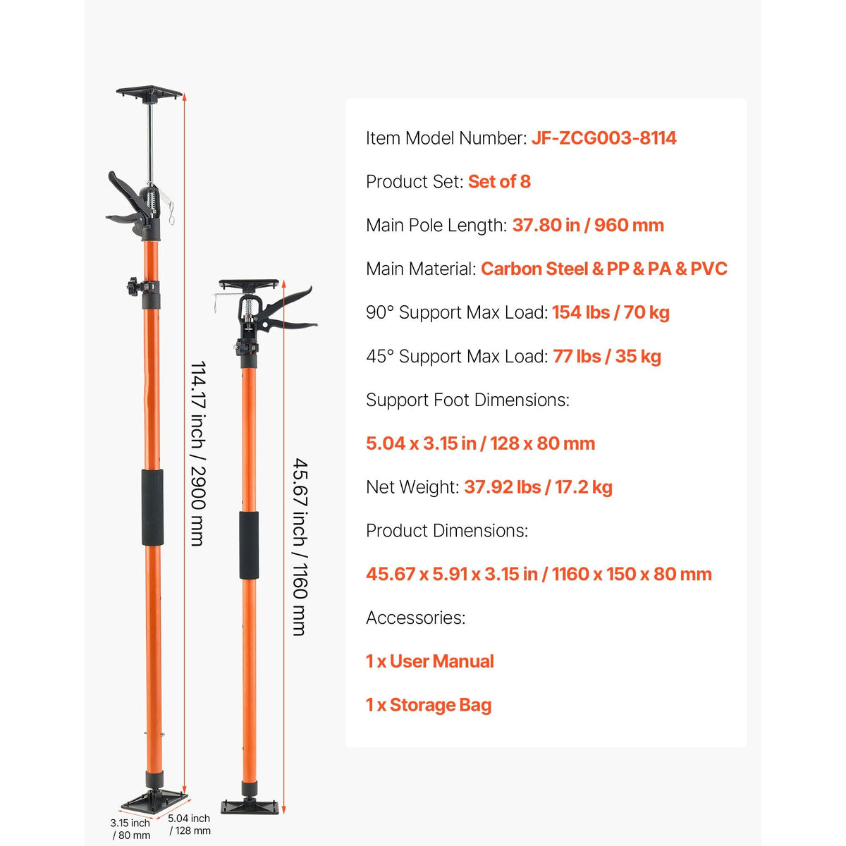 Cabinet Jack Support Pole, 8-Pack, 45.7-114.2 Inch Steel Telescopic Quick Support Rod, Adjustable 3rd Hand System up to 154 lbs Capacity for Installing Cabinets, Lifting Drywall, Cargo Bars