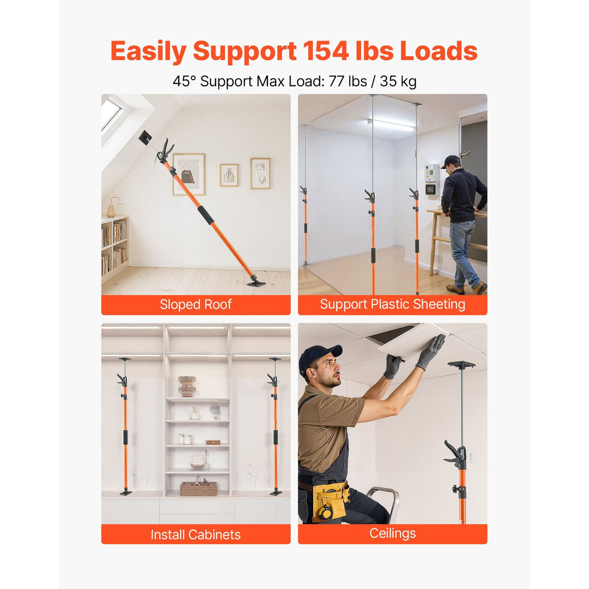 Cabinet Jack Support Pole, 8-Pack, 45.7-114.2 Inch Steel Telescopic Quick Support Rod, Adjustable 3rd Hand System up to 154 lbs Capacity for Installing Cabinets, Lifting Drywall, Cargo Bars