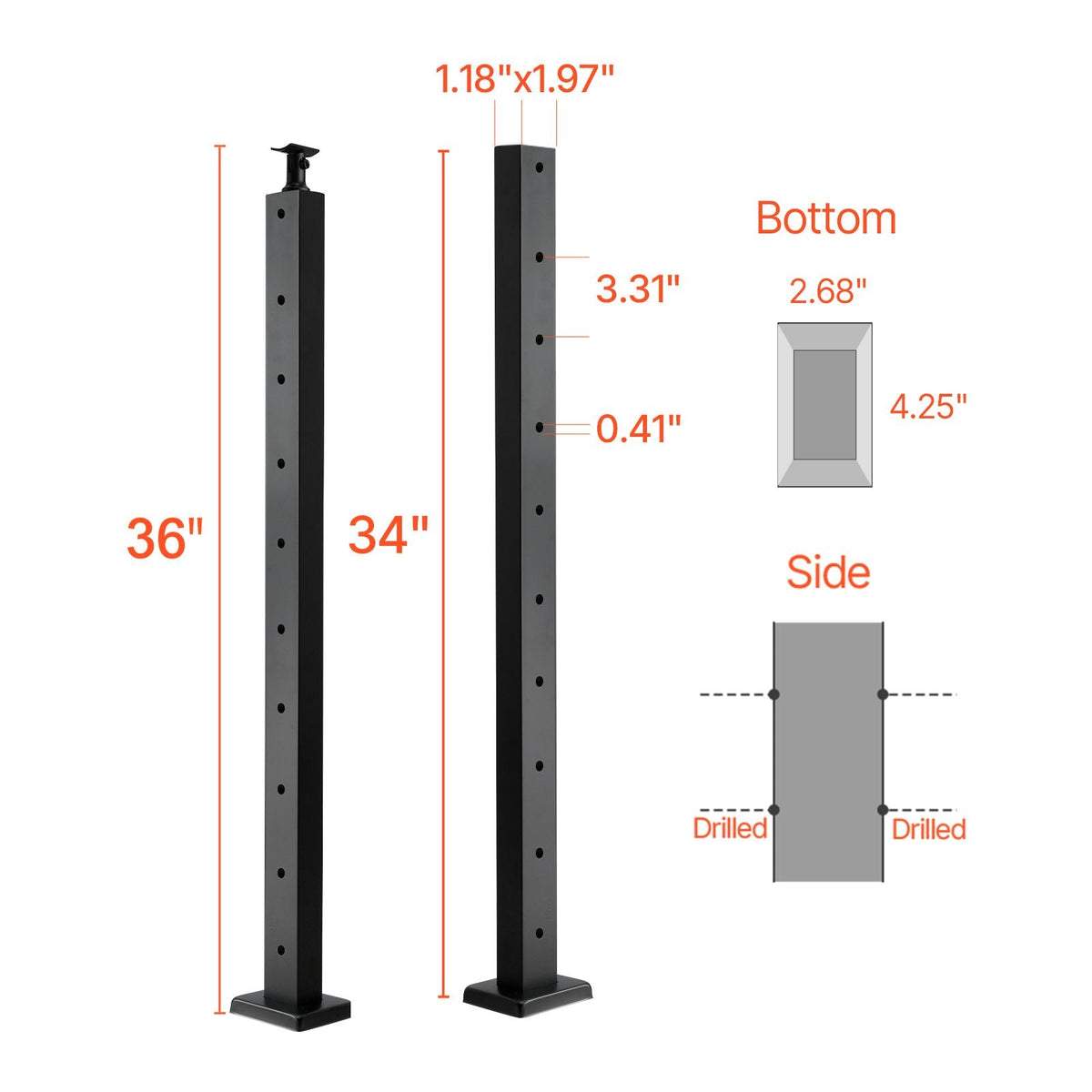 Cable Railing Post, 36x1x2 Inch Level Deck Stair Posts, 1-Pack Stainless Steel Cable Handrail Post, Pre-Drilled Pickets with Mounting Bracket Stair Railing Kit, Black, 1JZLGZXHS914LZA6X001V0