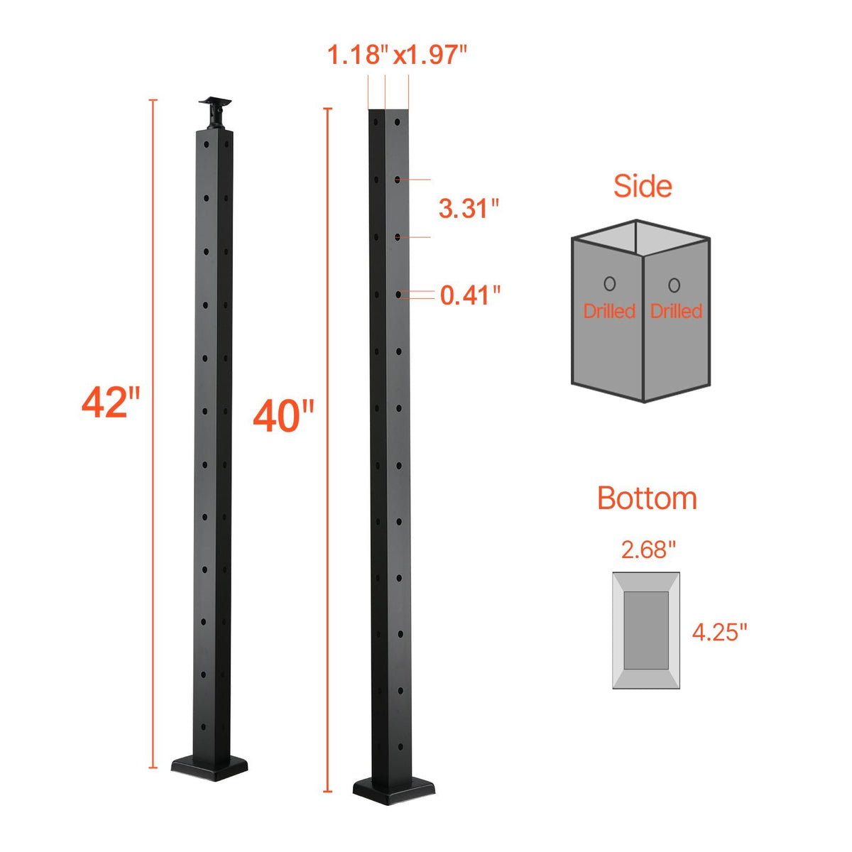Cable Railing Post, 42x1x2 Inch Corner Railing Post, with L-Shaped Pre-Drilled Holes, Stainless Steel Cable Rail Post with Horizontal and Curved Bracket, 1-Pack, Black, 1JZLGZXHS10607YXO001V0