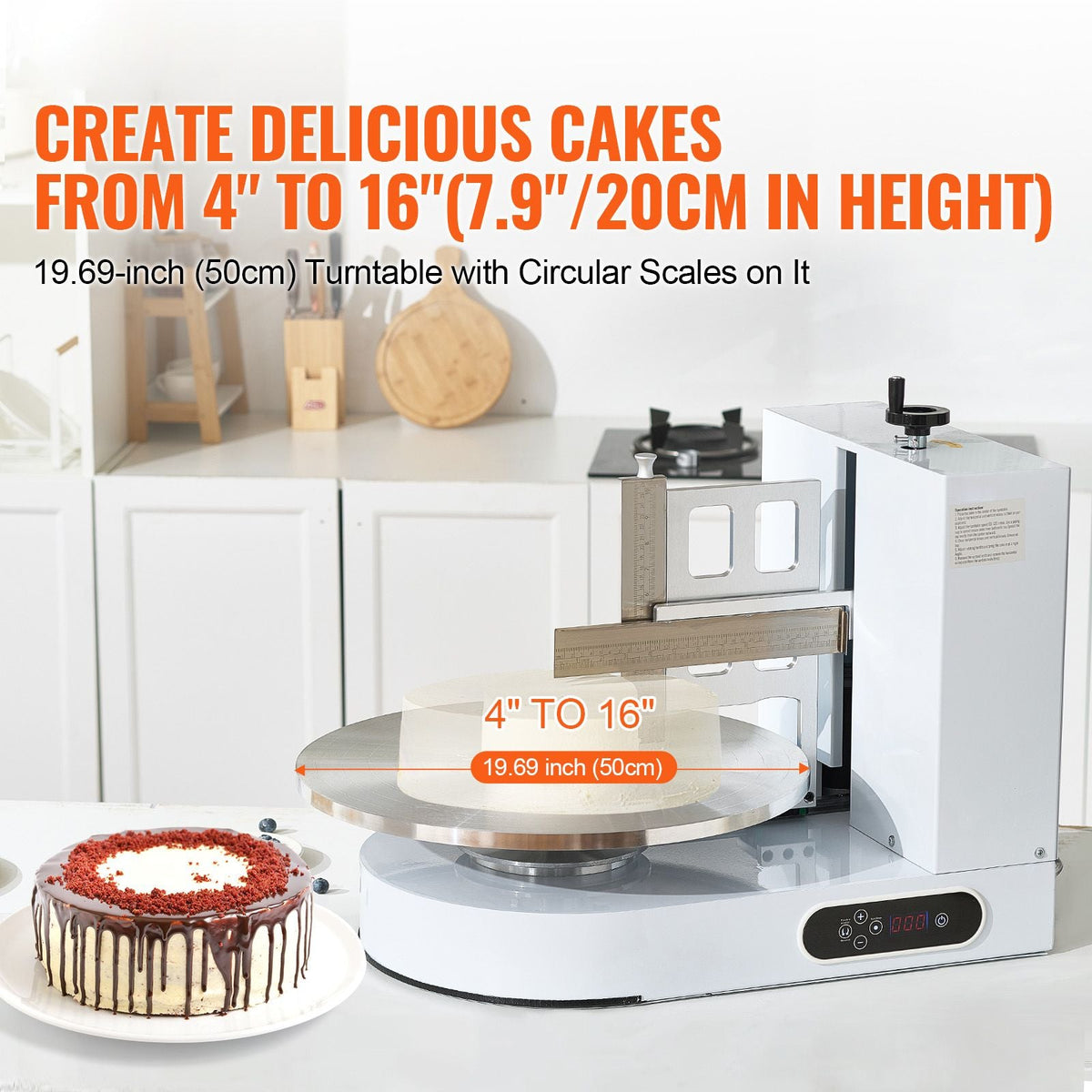 Cake Decorating Machine, Cake Cream Spreading Coating Smearing Machine, Low Noise Cake Frosting Machine, Turntable with Adjustable Scraper, for 4" to 16" Cake, 25-320RPM Rotating Speed, White