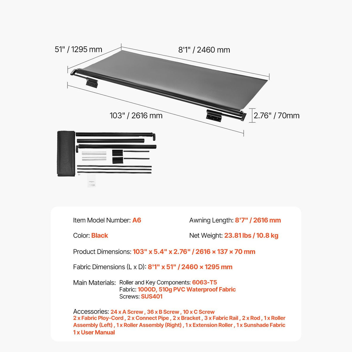 Camper Awning Fabric Replacement, 1" to 8', Weatherproof Durable Slide Topper Awning with Bracket, Heavy Duty Slide Topper Awning with Stainless Steel Material, Fit for RV & Motorhome(Black)