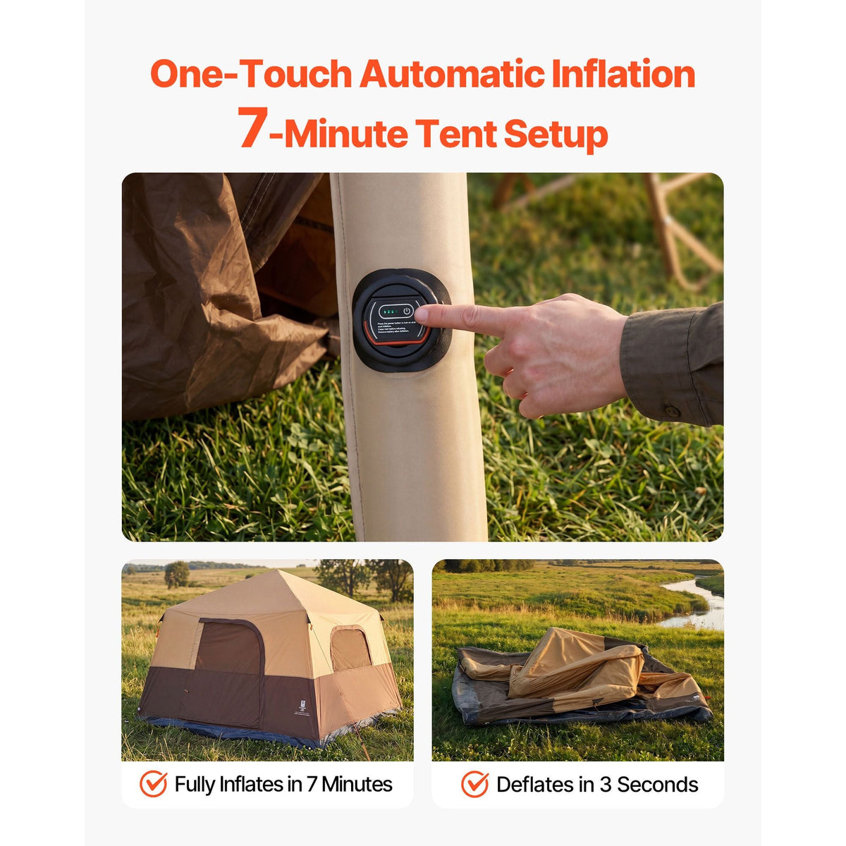 Camping Tent, 8 Person Inflatable Cabin Tent with Rechargeable Pump, TPU Air Tube & 4 Large Mesh Windows, Portable Easy Setup Waterproof with Carry Bag for Family Outdoor Camping & Hiking, Beige