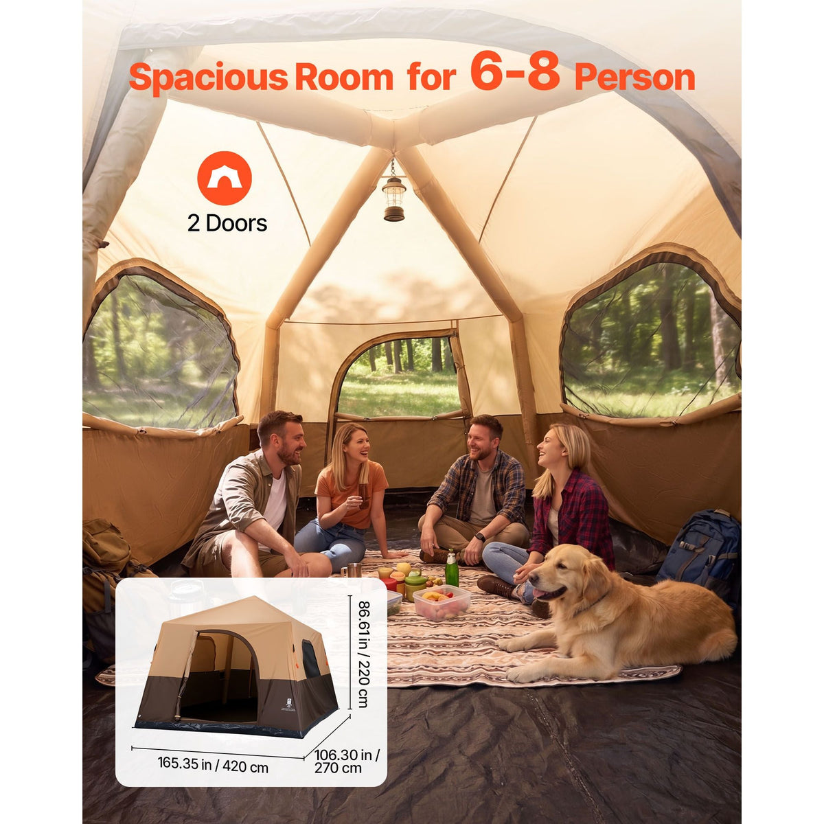 Camping Tent, 8 Person Inflatable Cabin Tent with Rechargeable Pump, TPU Air Tube & 4 Large Mesh Windows, Portable Easy Setup Waterproof with Carry Bag for Family Outdoor Camping & Hiking, Beige