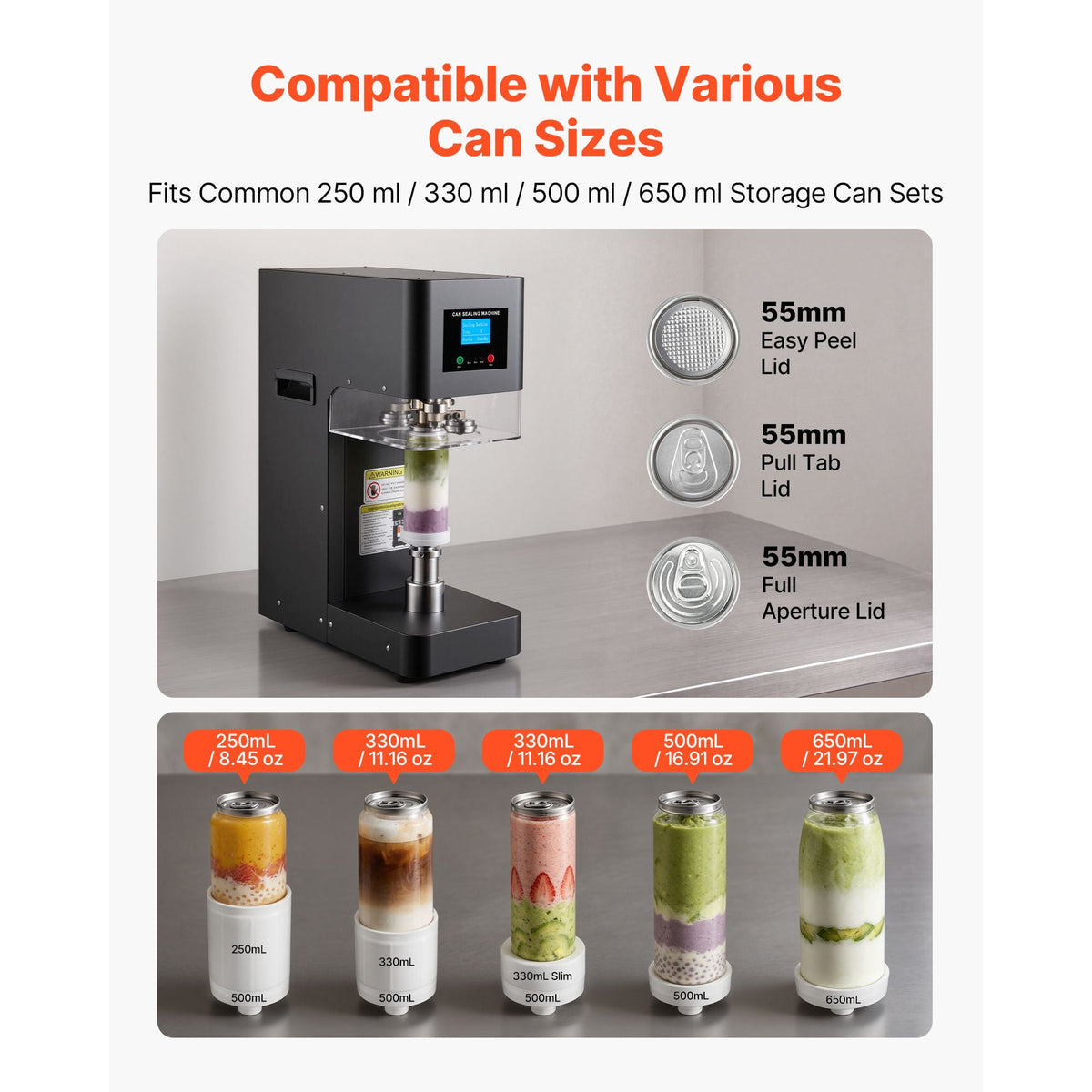 Can Sealer Machine, Automatic Commercial Soda Can Sealing Machine for 2.17 in (55 mm) Aluminum and Plastic Cans, Height Adjustable, Steel Housing Beverage Drink Seamer, for Coffee Shop, Black