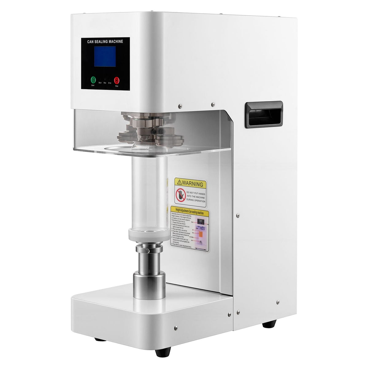 Can Sealer Machine, Automatic Commercial Soda Can Sealing Machine for 2.17 in (55 mm) Aluminum and Plastic Cans, Height Adjustable, Steel Housing Beverage Drink Seamer, for Coffee Shop, White
