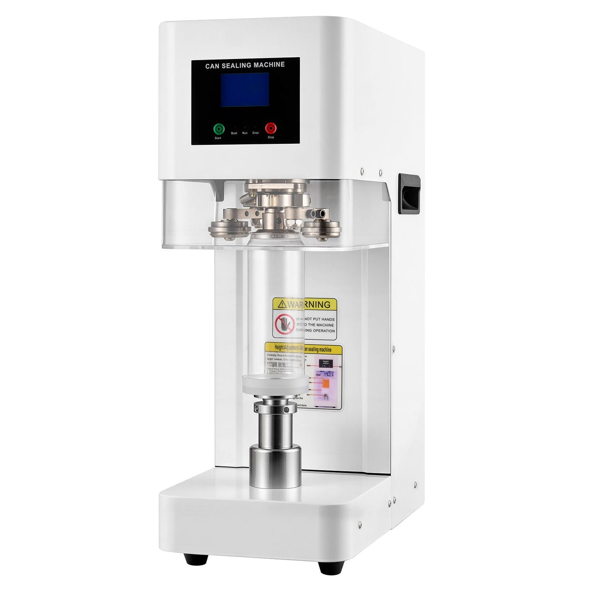 Can Sealer Machine, Automatic Commercial Soda Can Sealing Machine for 2.17 in (55 mm) Aluminum and Plastic Cans, Height Adjustable, Steel Housing Beverage Drink Seamer, for Coffee Shop, White