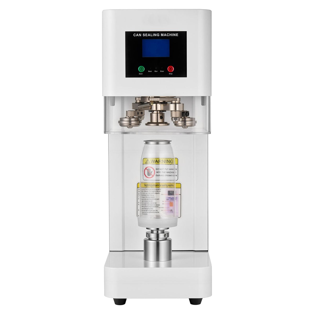 Can Sealer Machine, Automatic Commercial Soda Can Sealing Machine for 2.17 in (55 mm) Aluminum and Plastic Cans, Height Adjustable, Steel Housing Beverage Drink Seamer, for Coffee Shop, White
