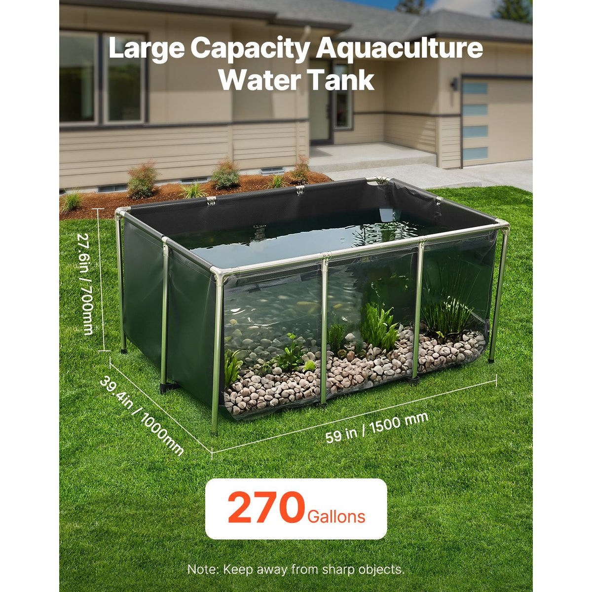 Canvas Fish Pond, 270 Gal Above Ground Fish Pond, PVC Koi Tank with Clear Viewing Panel, Rectangular Goldfish Tank with Stainless Steel Frame & Drain Valve, for Breeding Koi, Irrigation(Black)