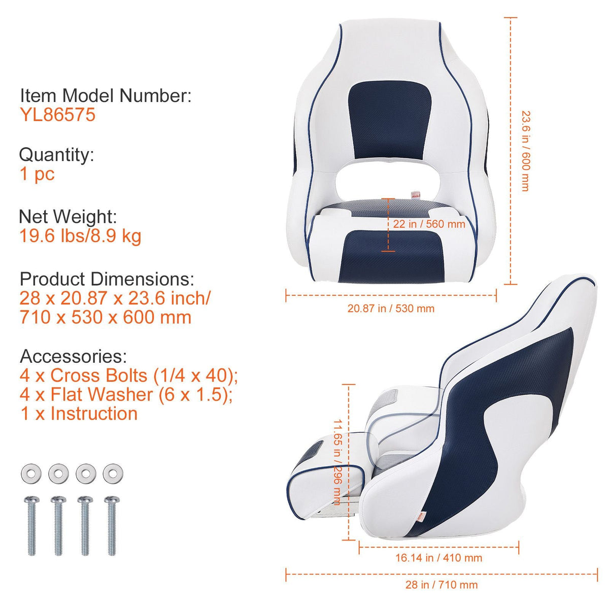 Captain Bucket Seat Boat Seat, Flip Up Boat Seat, with Thickened Sponge Padding, Flip-up Bolster Boat Captain Chair for Fishing Boat, Sightseeing Boat, Speedboat, Canoe, 1-Piece