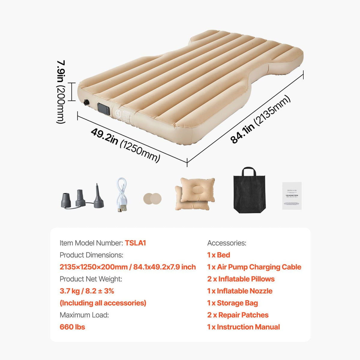 Car Air Mattress, Fits Tesla Model Y (2020-2024), Inflatable Car Camping Mattress, Flocking Thickened Blow Up Travel Beds, Durable Portable Sleeping Pad with Built in Pump, 2 Pillows, Beige