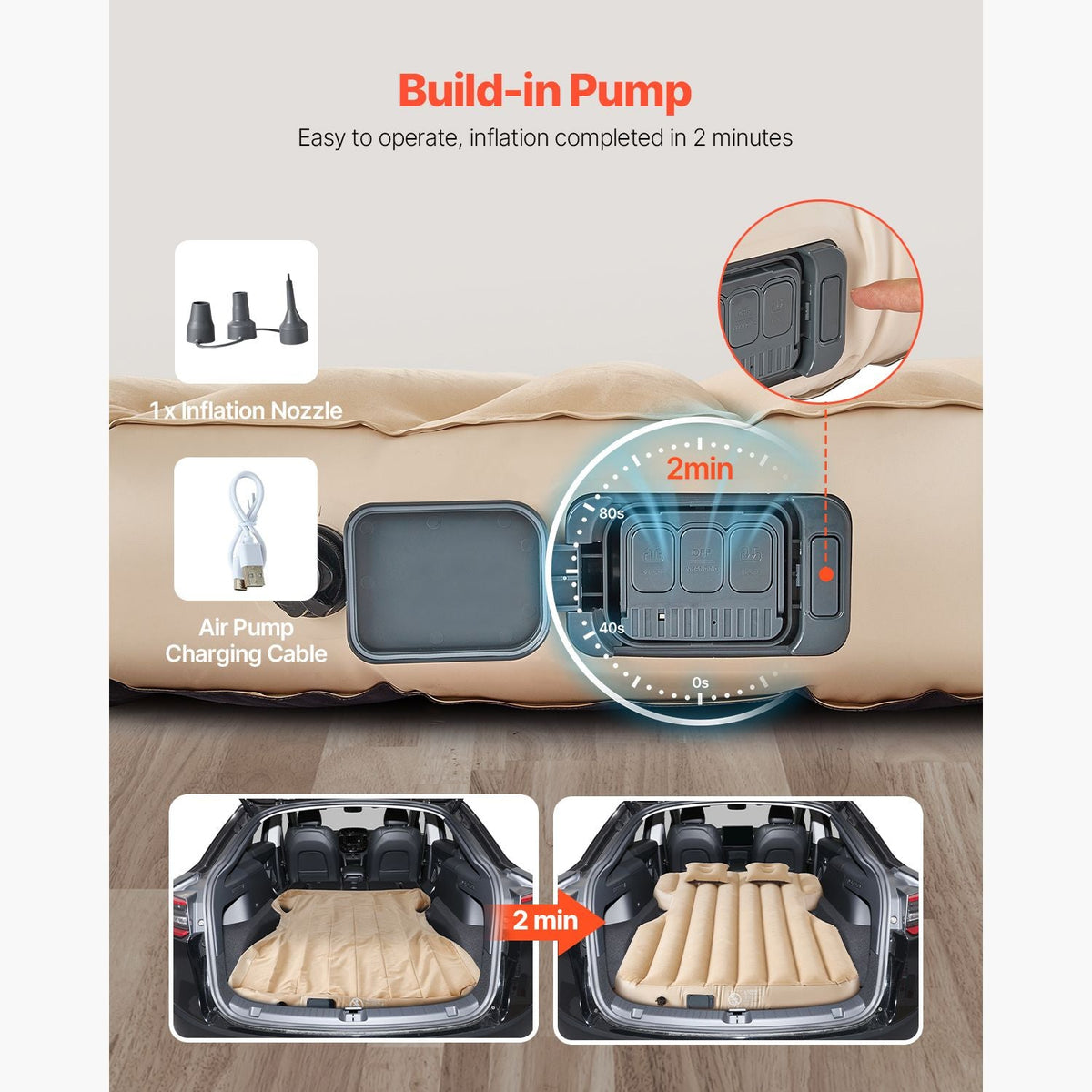 Car Air Mattress, Fits Tesla Model Y (2020-2024), Inflatable Car Camping Mattress, Flocking Thickened Blow Up Travel Beds, Durable Portable Sleeping Pad with Built in Pump, 2 Pillows, Beige