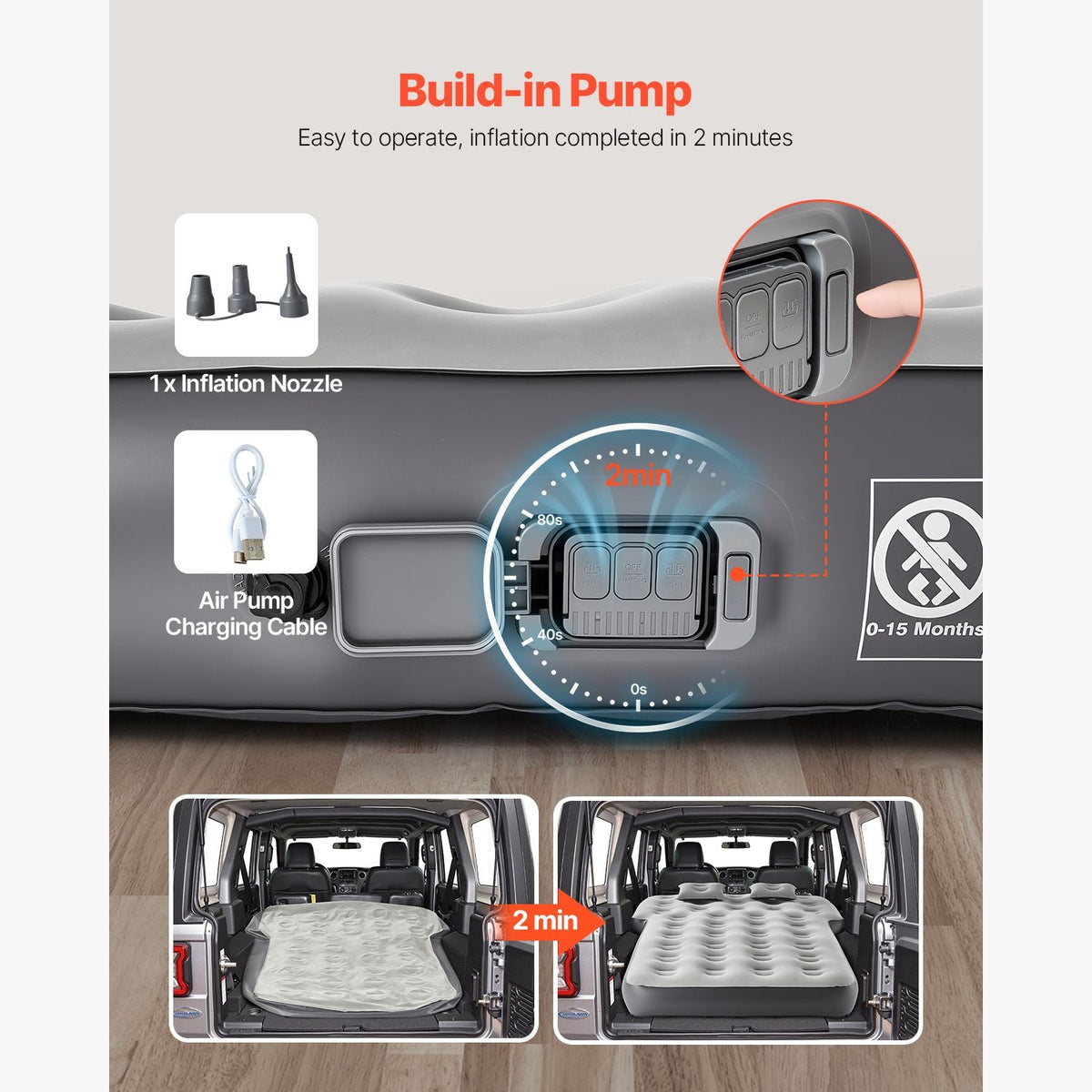 Car Air Mattress, Fits Toyota 4runner, Jeep Wrangler, Inflatable Car Camping Mattress, Flocking Thickened Blow Up Travel Beds, Durable Portable Sleeping Pad with Built in Pump, 2 Pillows, Gray