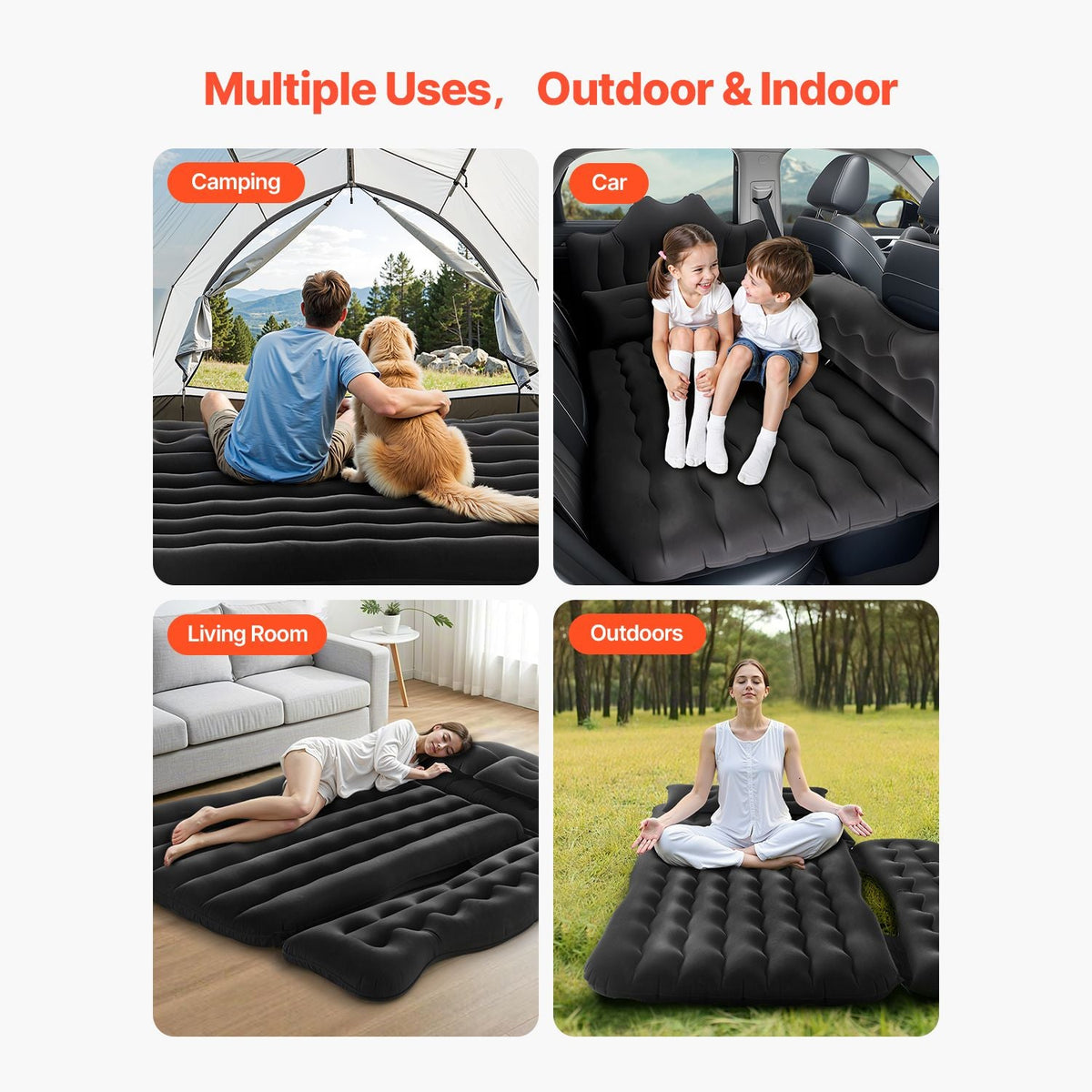 Car Air Mattress, Inflatable Back Seat Car Camping Mattress, Flocking Travel Beds, Durable Portable Sleeping Pad with Air Pump, 2 Pillows, Nozzle, Carry Bag, Fits Most SUV MPV Sedan, Black