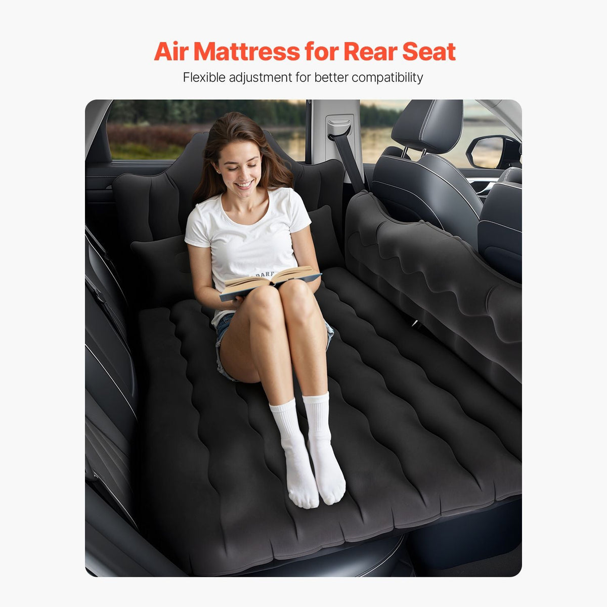 Car Air Mattress, Inflatable Back Seat Car Camping Mattress, Flocking Travel Beds, Durable Portable Sleeping Pad with Air Pump, 2 Pillows, Nozzle, Carry Bag, Fits Most SUV MPV Sedan, Black