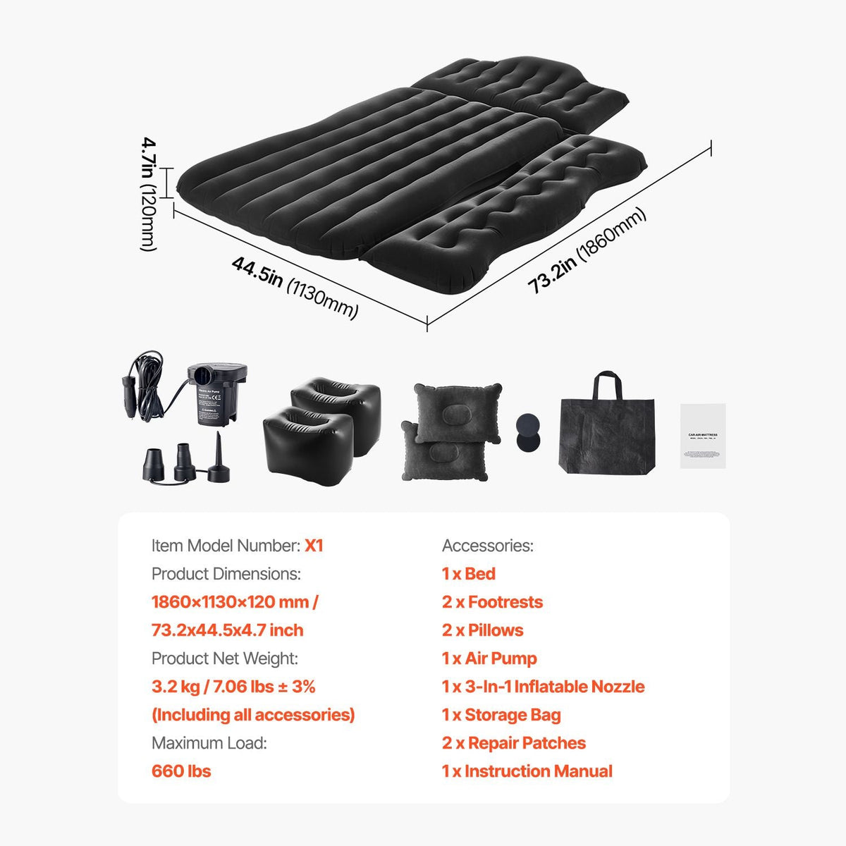 Car Air Mattress, Inflatable Back Seat Car Camping Mattress, Flocking Travel Beds, Durable Portable Sleeping Pad with Air Pump, 2 Pillows, Nozzle, Carry Bag, Fits Most SUV MPV Sedan, Black