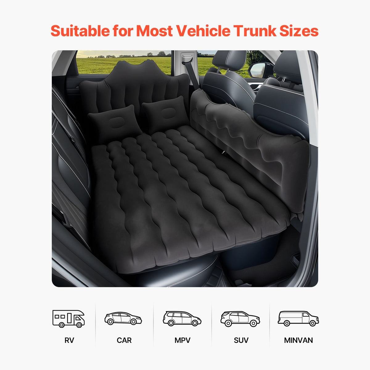 Car Air Mattress, Inflatable Back Seat Car Camping Mattress, Flocking Travel Beds, Durable Portable Sleeping Pad with Air Pump, 2 Pillows, Nozzle, Carry Bag, Fits Most SUV MPV Sedan, Black