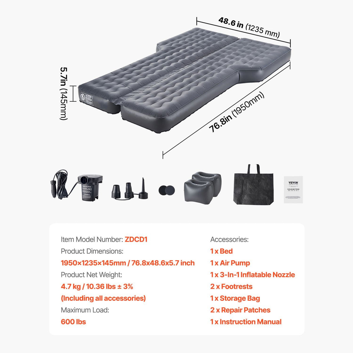 Car Air Mattress, Inflatable Car Camping Mattress, Oxford Thickened Travel Beds, Comfortable and Durable Portable Sleeping Pad with Air Pump, Nozzle, Carry Bag, Fits Most SUV MPV Sedan, Gray