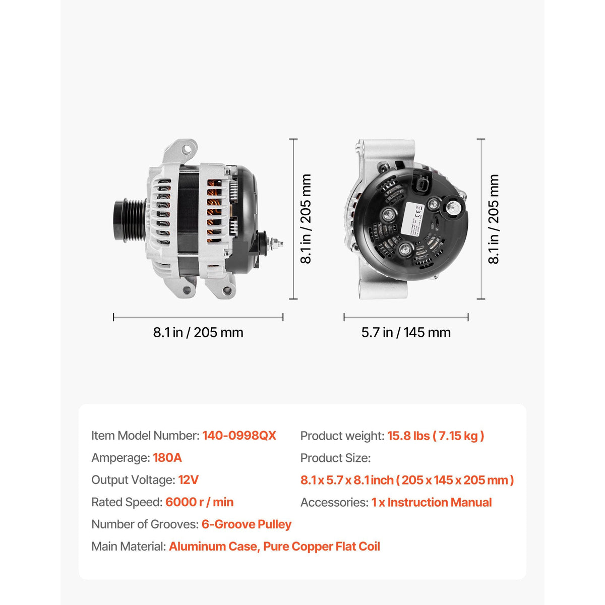 Car Alternator 11598, Fit for Dodge Challenger V6 3.6L 2015-2021, Charger 2011-2021, Durango 2011-2020, Jeep Grand Cherokee 11-20, Ram 1500 13-15, Automotive Replacement Alternator 4210007040