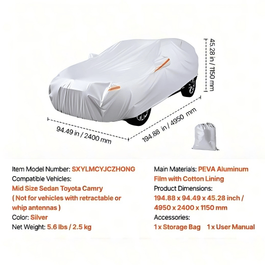 Car Cover, Car Cover Waterproof for Toyota Camry Mid Size Sedan, Custom-fit All Weather Sun Rain Wind Frost Dust Snow Protection Full Exterior Covers with Door Zipper and Cotton Lining, Silver