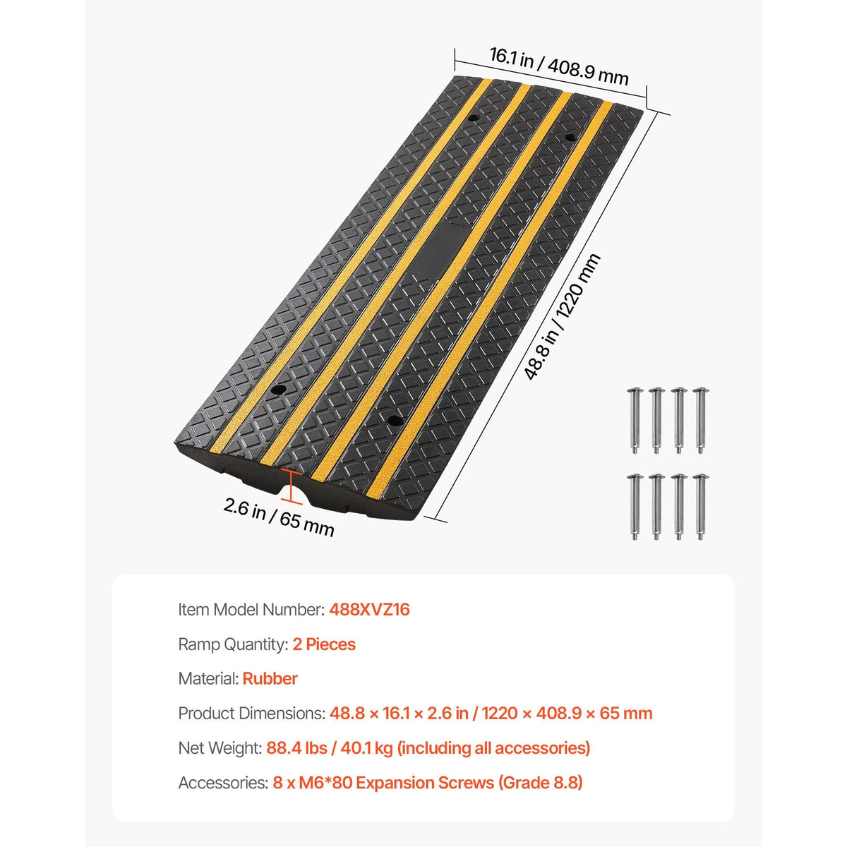 Car Driveway Rubber Curb Ramp, 33069 lbs Load Capacity, 2.6 inch Rise Curbside Bridge Ramp with Yellow Reflective Strips, Suitable for Loading Dock, Warehouse, Garage, Sidewalk (2 Pack)