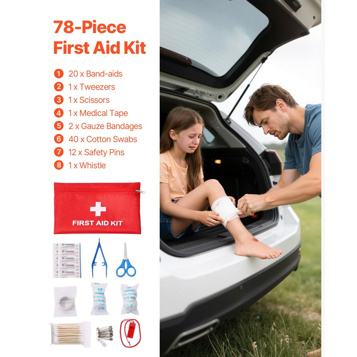 Car Emergency Kit, 2-in-1 First Aid Kit with Jumper Cables, Essential Roadside Emergency Car Kits for Vehicle, Travel and Home, 31-Piece Auto Road Side Assistance Tools with Medical Aid Kits