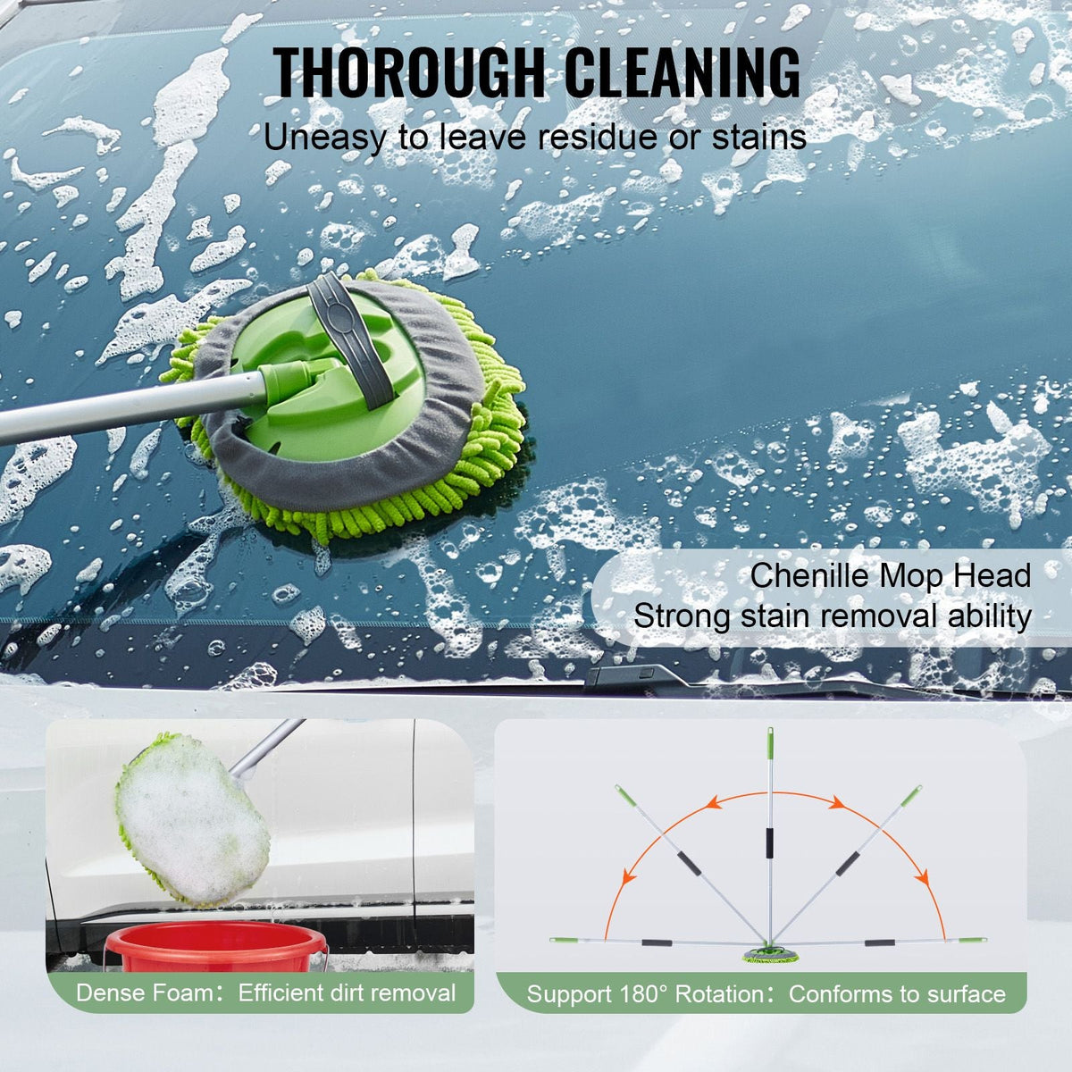 Car Wash Brush, 62-Inch Extendable Car Washing Brush with Long Handle, Soft Chenille Fiber Car Wash Mop Mitt, 180° Rotatable Car Cleaning Brush with 1 Replacement Mop for Car, RV, Window, Floor