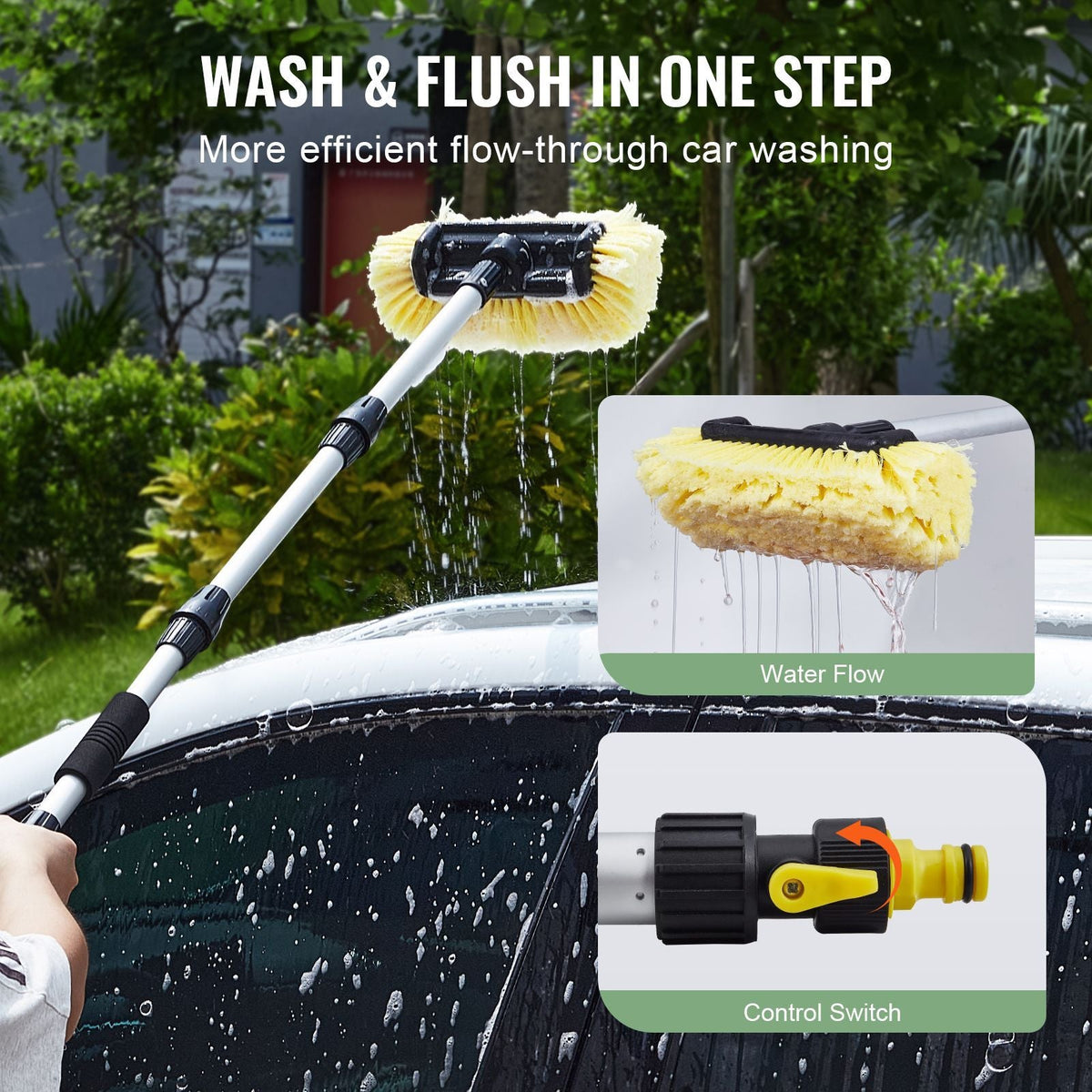 Car Wash Brush, 66.7-Inch Extendable Car Washing Brush with Long Handle, 12" Scratch-Free Soft PVC Bristle Head, Flow-Thru Car Cleaning Mop Kit with Water Hose Attachment for Car RV Boat