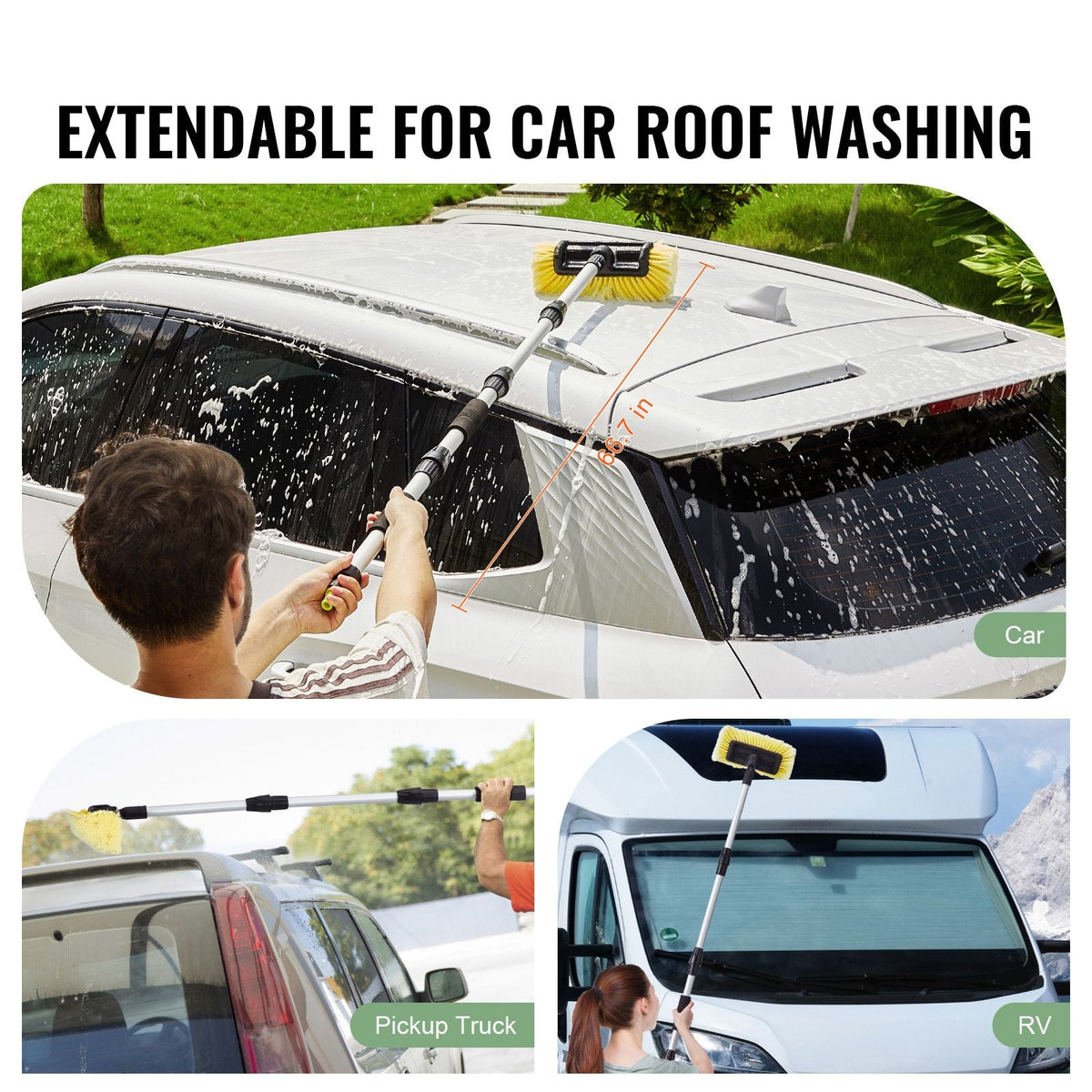 Car Wash Brush, 66.7-Inch Extendable Car Washing Brush with Long Handle, 12" Scratch-Free Soft PVC Bristle Head, Flow-Thru Car Cleaning Mop Kit with Water Hose Attachment for Car RV Boat