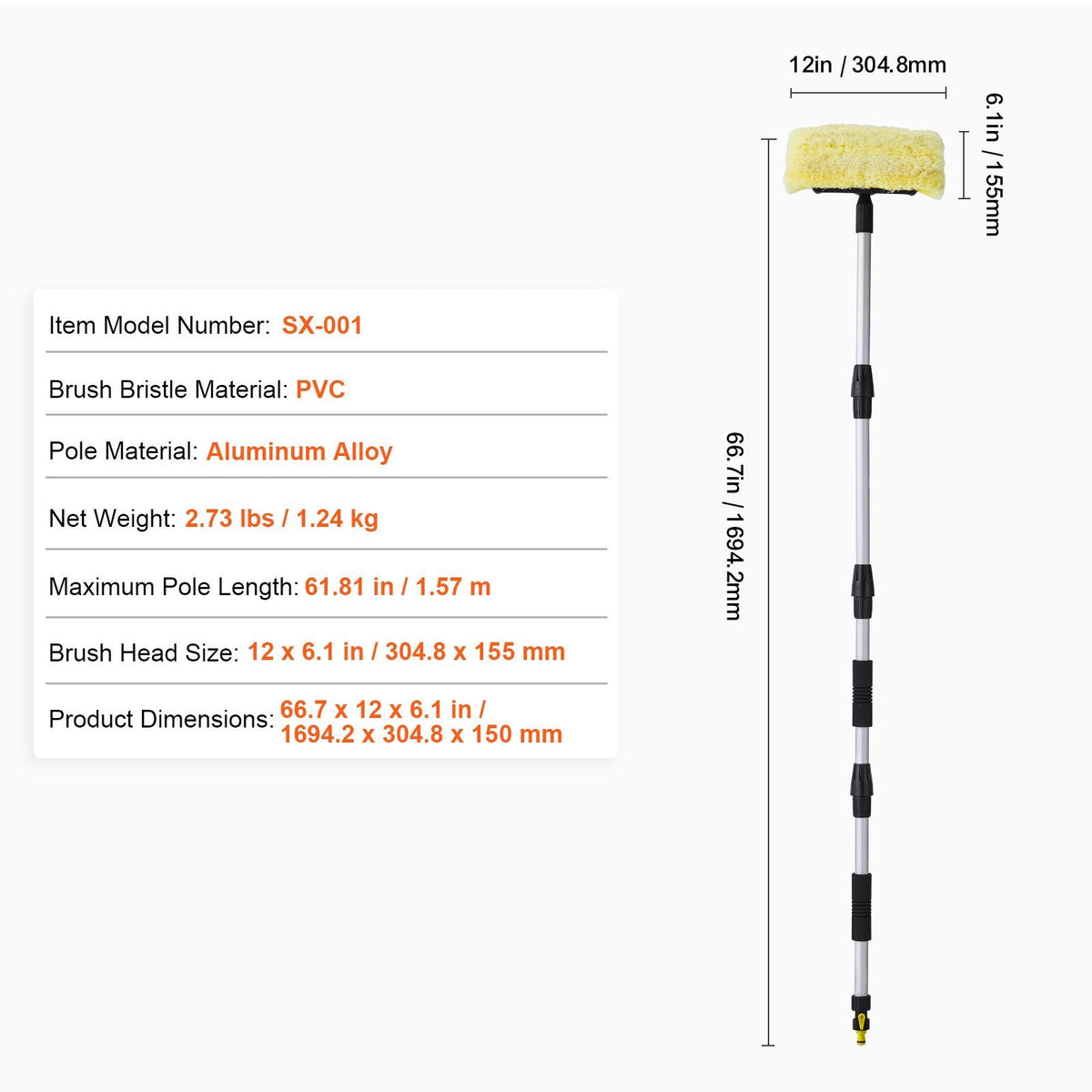 Car Wash Brush, 66.7-Inch Extendable Car Washing Brush with Long Handle, 12" Scratch-Free Soft PVC Bristle Head, Flow-Thru Car Cleaning Mop Kit with Water Hose Attachment for Car RV Boat